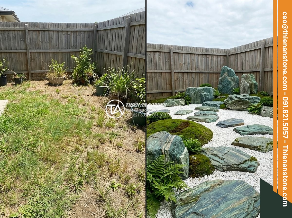 Đá bước dạo đen láng: Sự sang trọng tối thượng cho kiến trúc hiện đại - Comparison before and after installation of black basalt stepping stones transfo