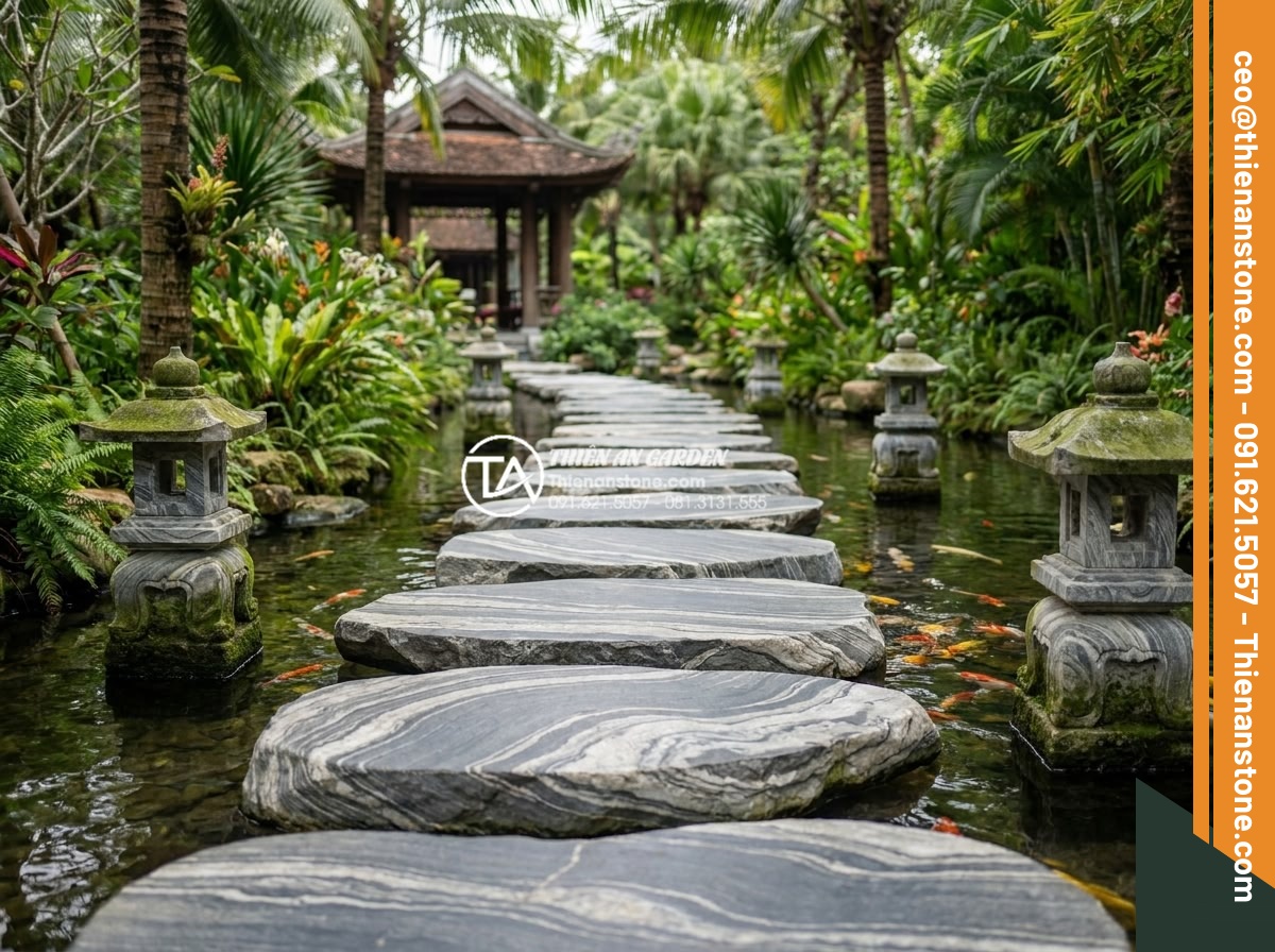 Đá bước dạo đen láng: Sự sang trọng tối thượng cho kiến trúc hiện đại - Elegant black stepping stone path winding through a lush tropical garden with Ko
