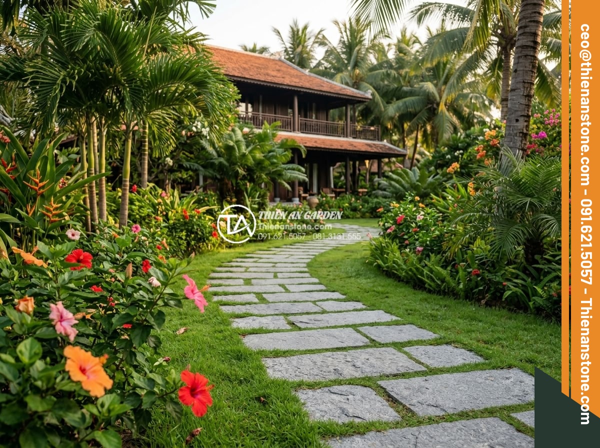 Đá bước dạo granite: Độ bền vĩnh cửu cho các công trình ngoài trời - High-resolution wide-angle photograph of luxurious gray granite stepping stones 