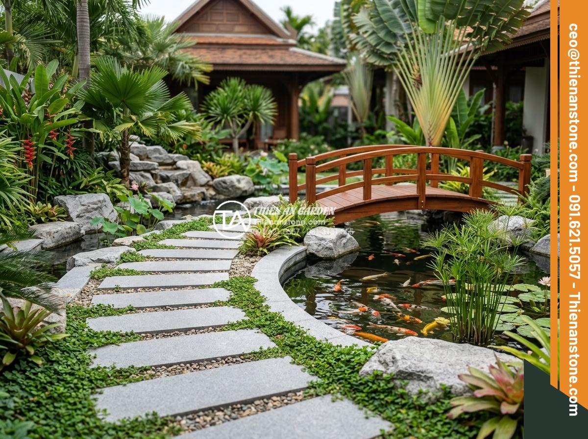 Đá bước dạo granite: Độ bền vĩnh cửu cho các công trình ngoài trời - Finished professional installation of granite stepping stone pathway around a be