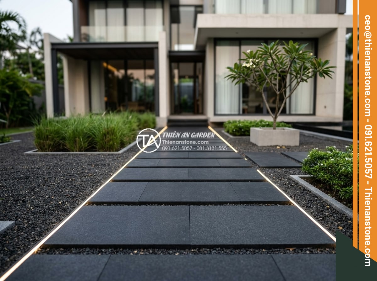 Đá bước dạo granite: Độ bền vĩnh cửu cho các công trình ngoài trời - Modern minimalist garden design featuring large rectangular black granite steppi