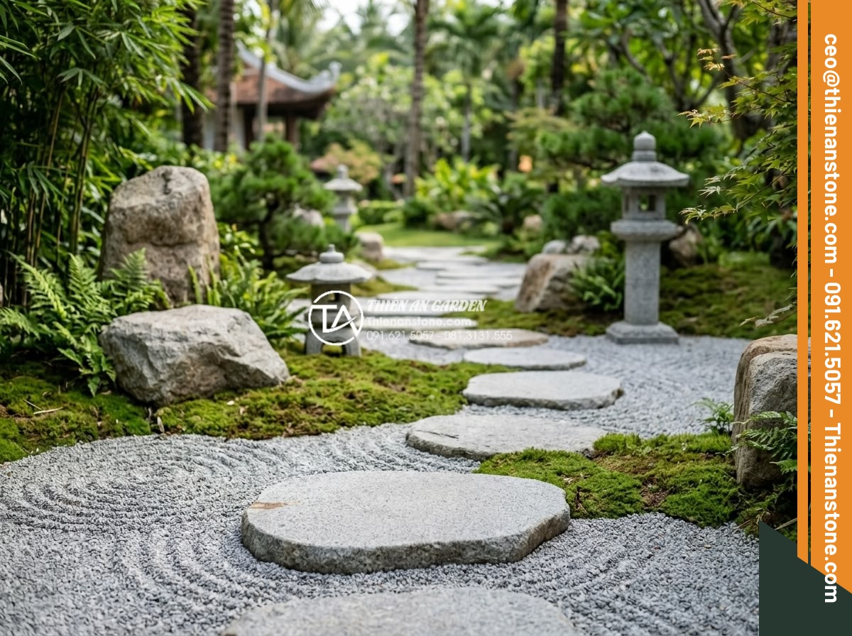 Đá bước dạo granite: Độ bền vĩnh cửu cho các công trình ngoài trời - Japanese Zen inspired granite stepping stone pathway with raked gravel, stone la