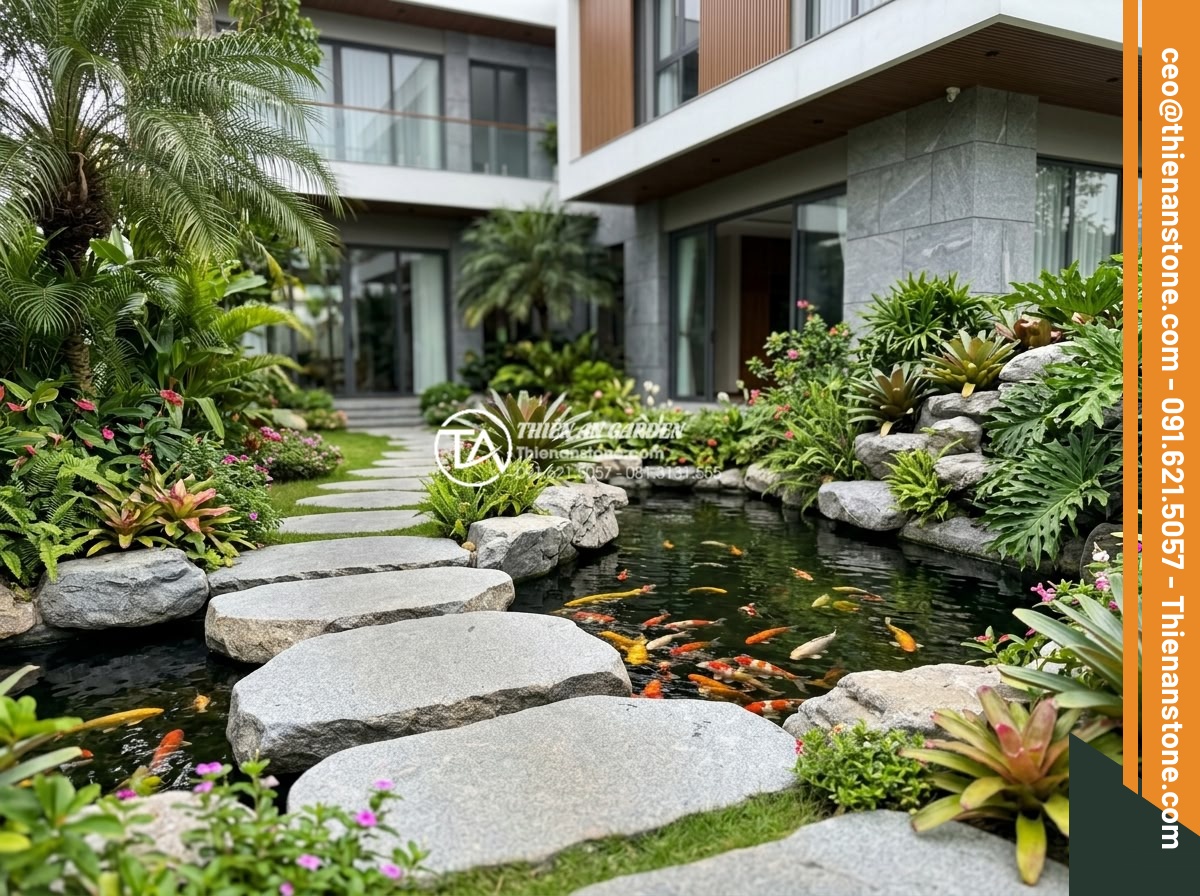 Đá bước dạo granite: Độ bền vĩnh cửu cho các công trình ngoài trời - Elegant final view of a complete outdoor landscape project featuring premium gra