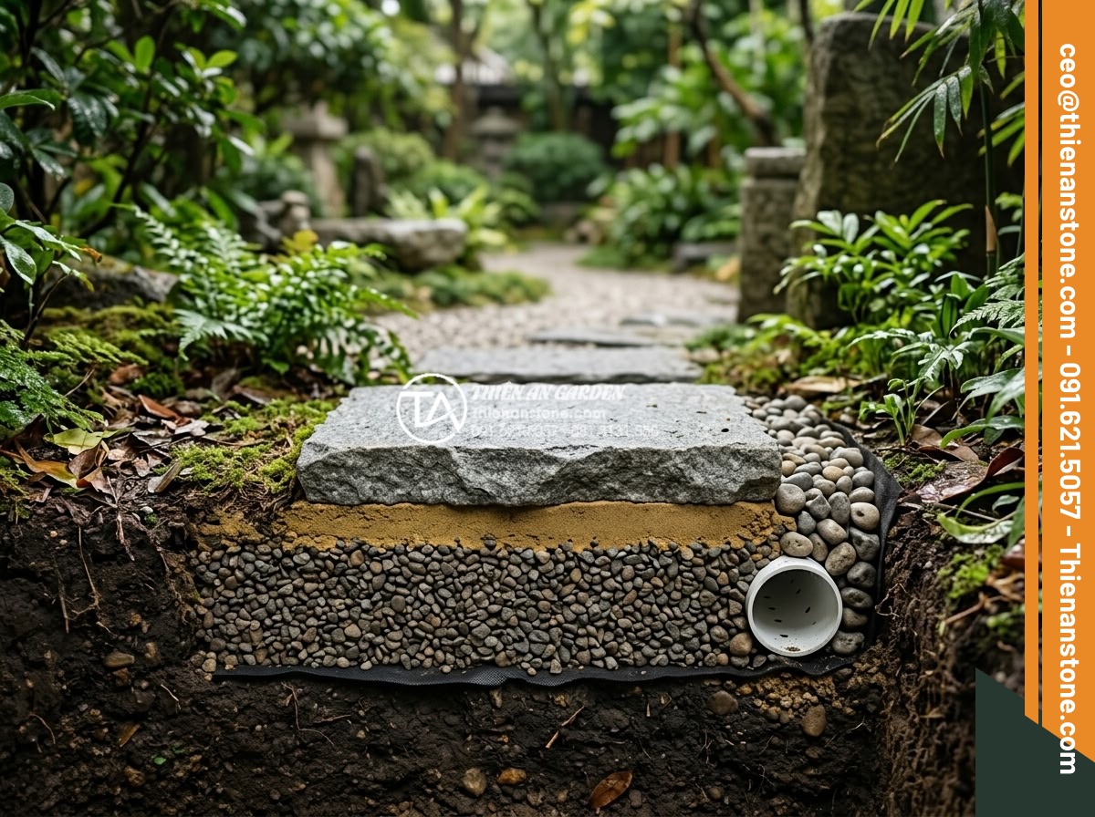 Đá bước dạo granite: Độ bền vĩnh cửu cho các công trình ngoài trời - Professional architectural rendering showing cross-section of granite stepping s
