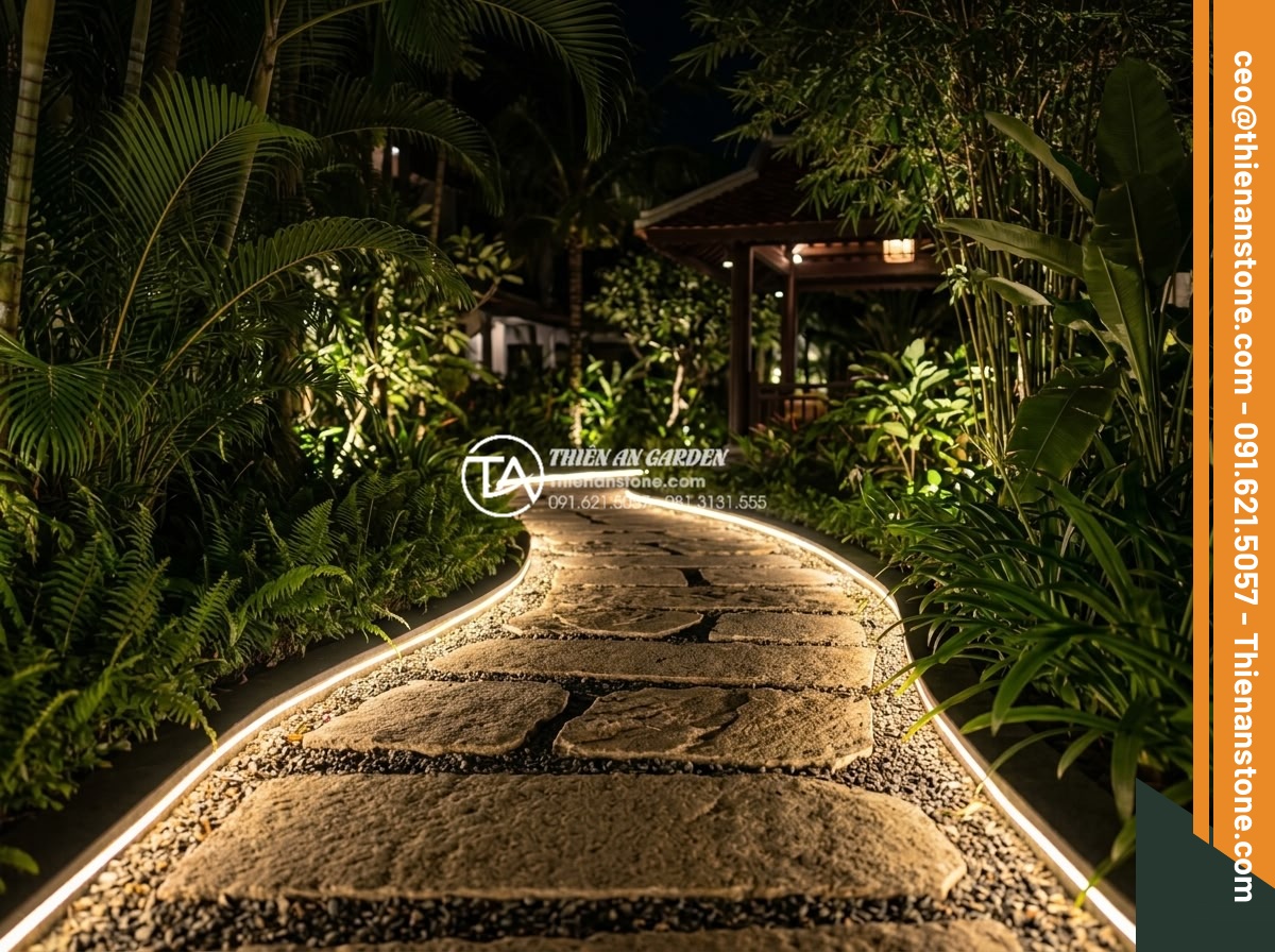 Đá bước dạo granite: Độ bền vĩnh cửu cho các công trình ngoài trời - Nighttime photograph of illuminated granite stepping stone pathway in a luxury r