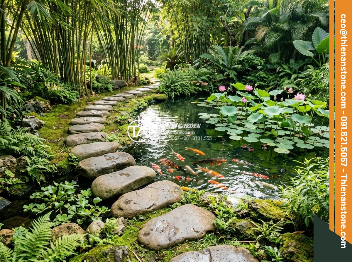 Đá bước dạo lát lối đi hồ cá Koi: Những lưu ý quan trọng về kỹ thuật - High-resolution realistic photograph of natural basalt stepping stones arranged 