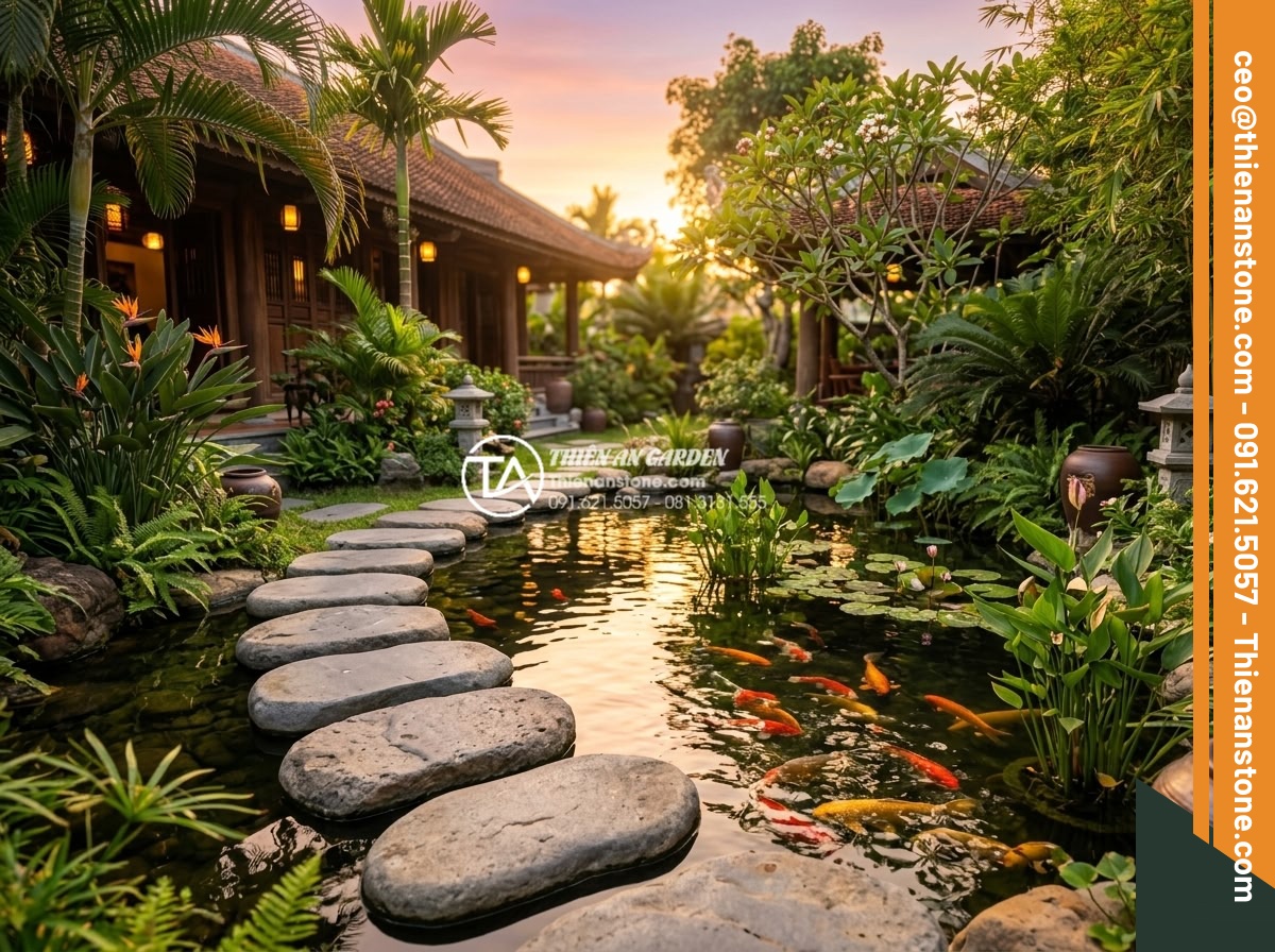 Đá bước dạo lát lối đi hồ cá Koi: Những lưu ý quan trọng về kỹ thuật - Warm inviting final image of a completed luxury Vietnamese villa garden featurin