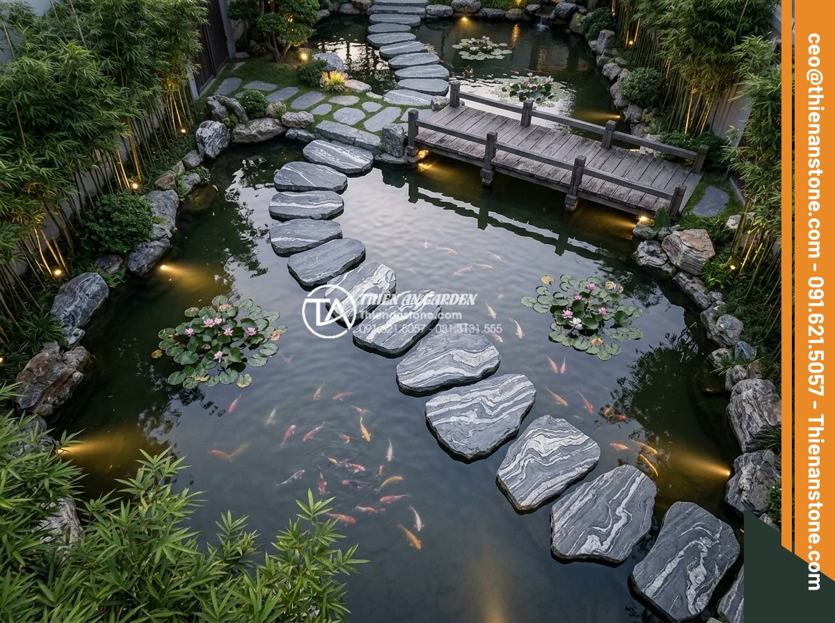 Đá bước dạo lát lối đi hồ cá Koi: Những lưu ý quan trọng về kỹ thuật - Aerial view realistic rendering of a beautifully designed koi pond garden pathwa