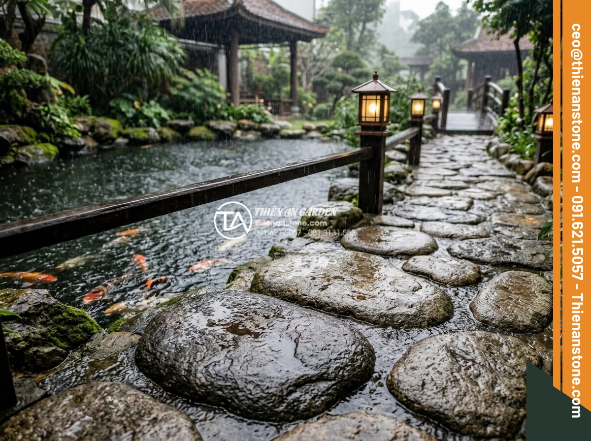 Đá bước dạo lát lối đi hồ cá Koi: Những lưu ý quan trọng về kỹ thuật - Safety-focused realistic photograph of a completed natural stone stepping path a