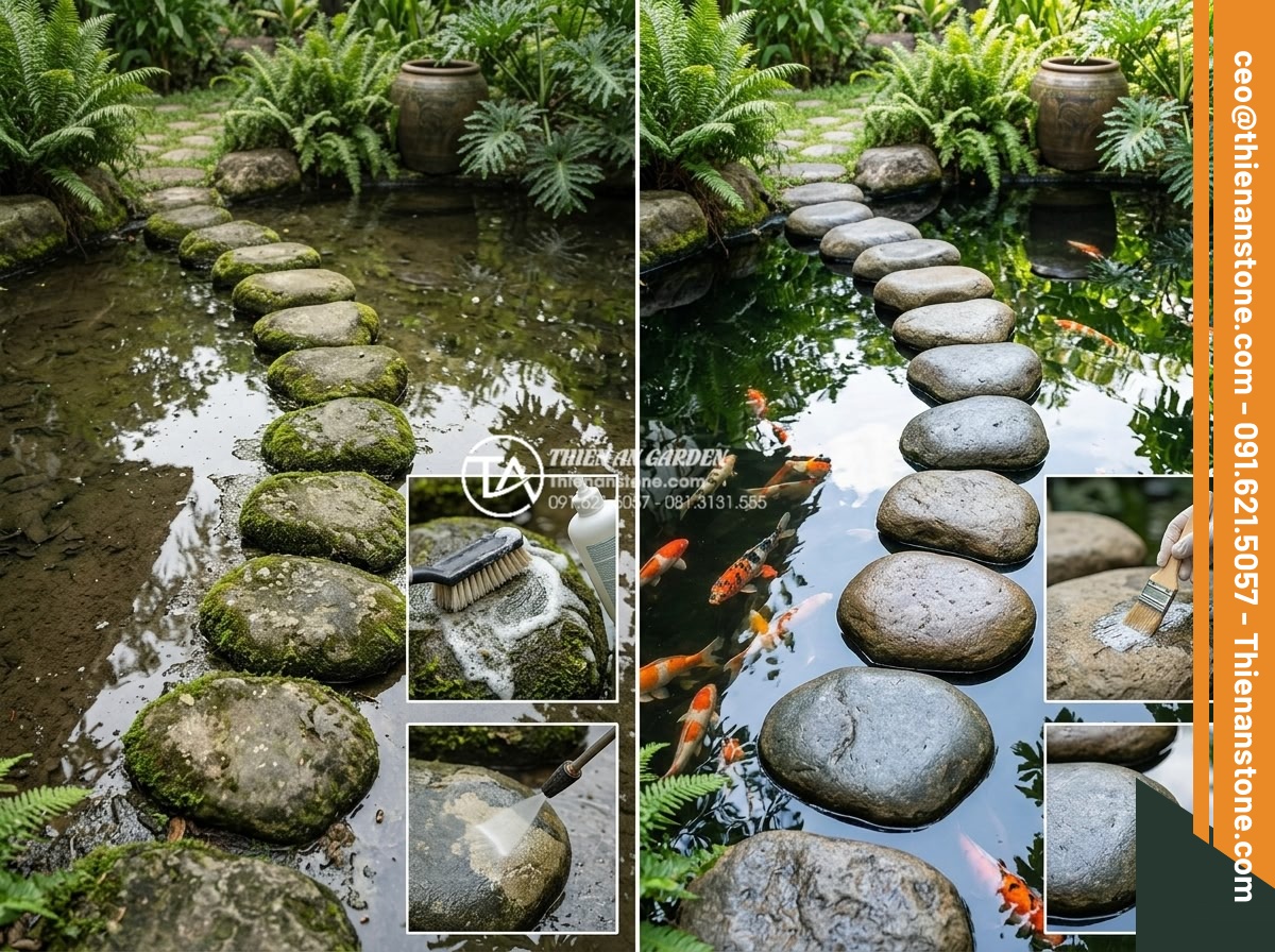 Đá bước dạo lát lối đi hồ cá Koi: Những lưu ý quan trọng về kỹ thuật - Professional before-and-after realistic images of natural stepping stone path ma
