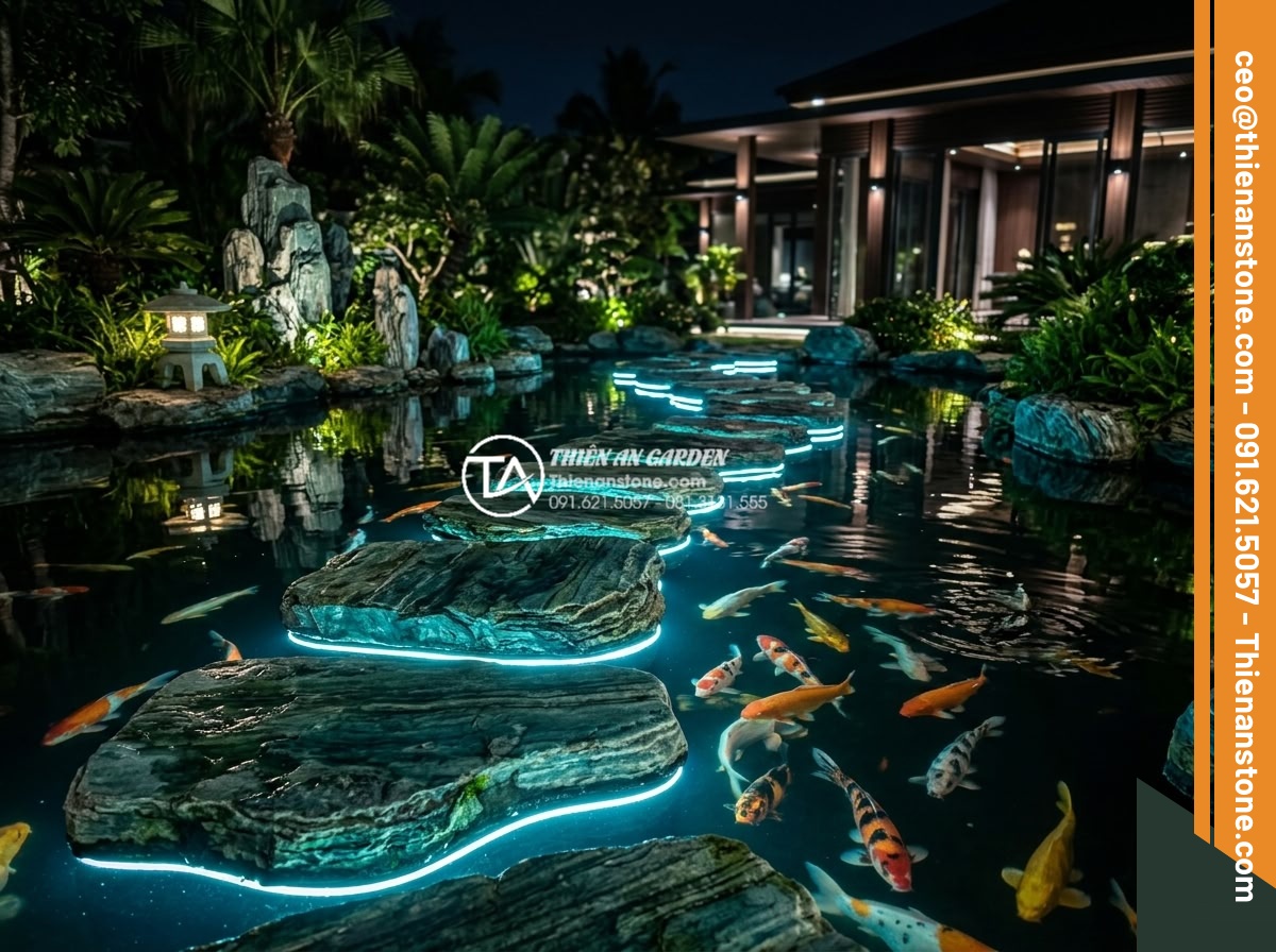 Đá bước dạo lát lối đi hồ cá Koi: Những lưu ý quan trọng về kỹ thuật - Futuristic yet realistic rendering of a high-end resort koi pond garden at night