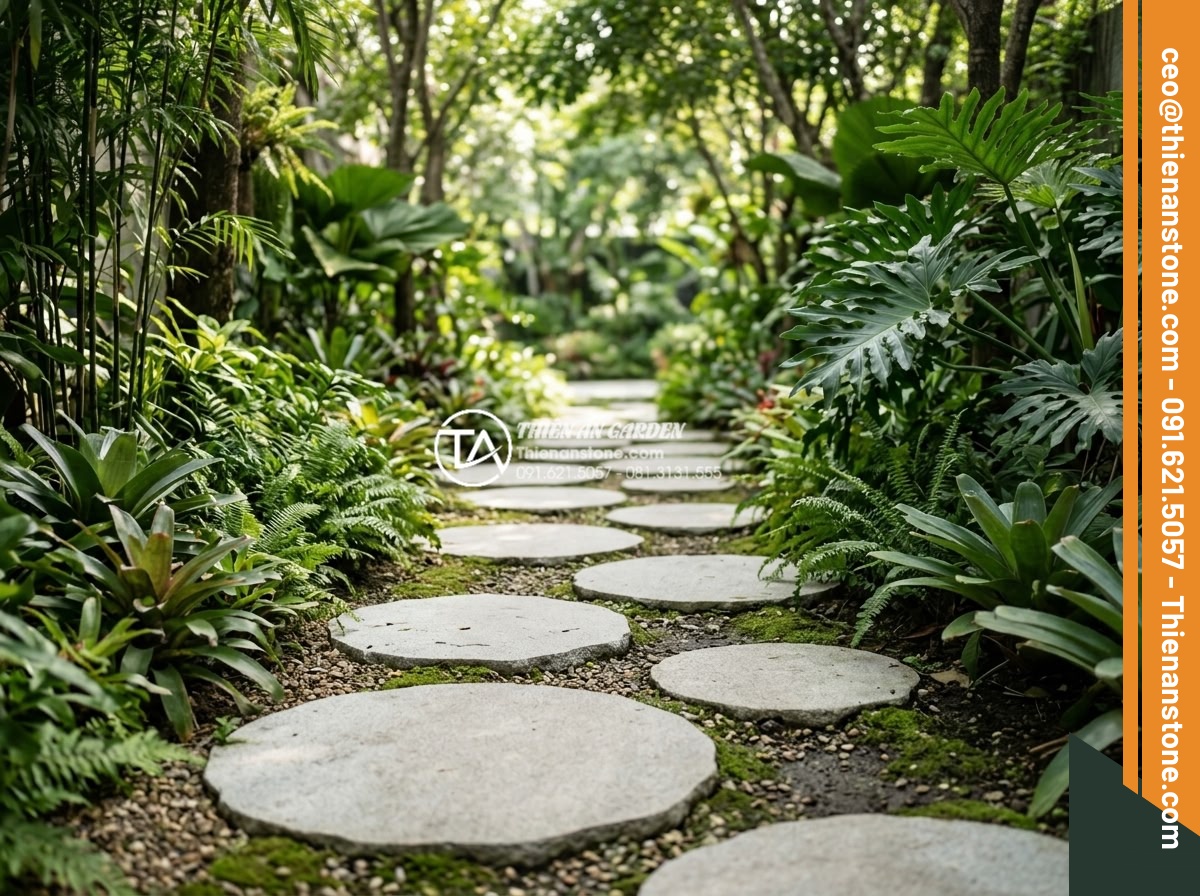 Đá bước dạo sa thạch: Lựa chọn màu sắc trang nhã cho lối đi - Hình 1 Đá bước dạo sa thạch: Lựa chọn màu sắc trang nhã cho lối đi - Elegant light beige sandstone stepping stones arranged in a modern garden pathwa