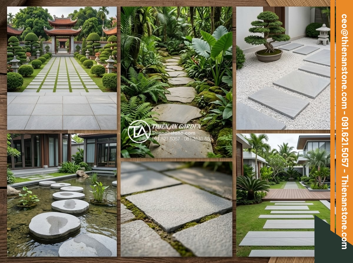 Đá bước dạo sa thạch: Lựa chọn màu sắc trang nhã cho lối đi - Hình 10 Đá bước dạo sa thạch: Lựa chọn màu sắc trang nhã cho lối đi - Mood board with various garden styles paired with matching elegant sandstone ste