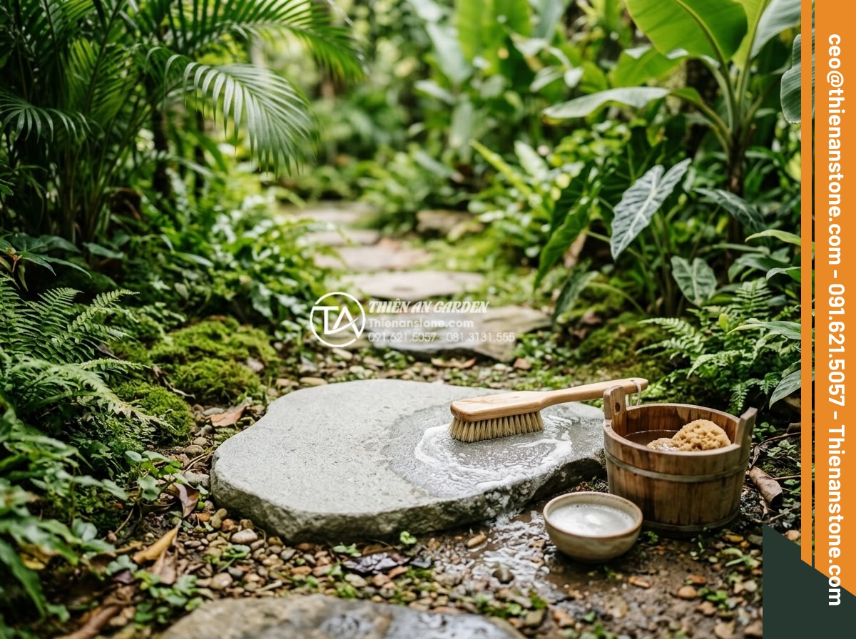 Đá bước dạo sa thạch: Lựa chọn màu sắc trang nhã cho lối đi - Hình 13 Đá bước dạo sa thạch: Lựa chọn màu sắc trang nhã cho lối đi - Maintenance demonstration showing gentle cleaning process of light-colored sands