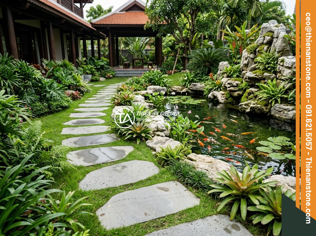 Đá bước dạo sa thạch: Lựa chọn màu sắc trang nhã cho lối đi - Hình 17 Đá bước dạo sa thạch: Lựa chọn màu sắc trang nhã cho lối đi - Real-life application of elegant sandstone stepping stones in a luxury villa gar