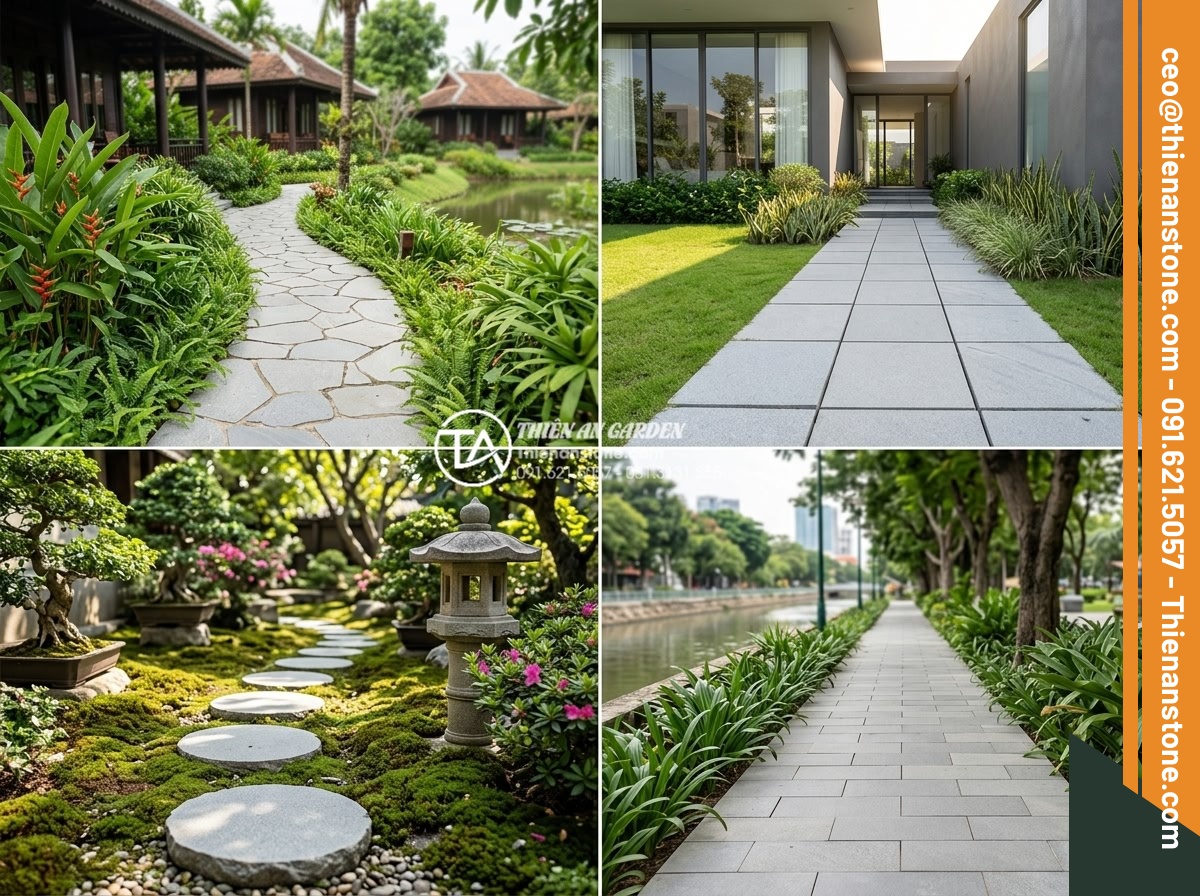 Đá bước dạo sa thạch: Lựa chọn màu sắc trang nhã cho lối đi - Hình 18 Đá bước dạo sa thạch: Lựa chọn màu sắc trang nhã cho lối đi - Multiple real project photos showcasing sandstone pathway installations in resor