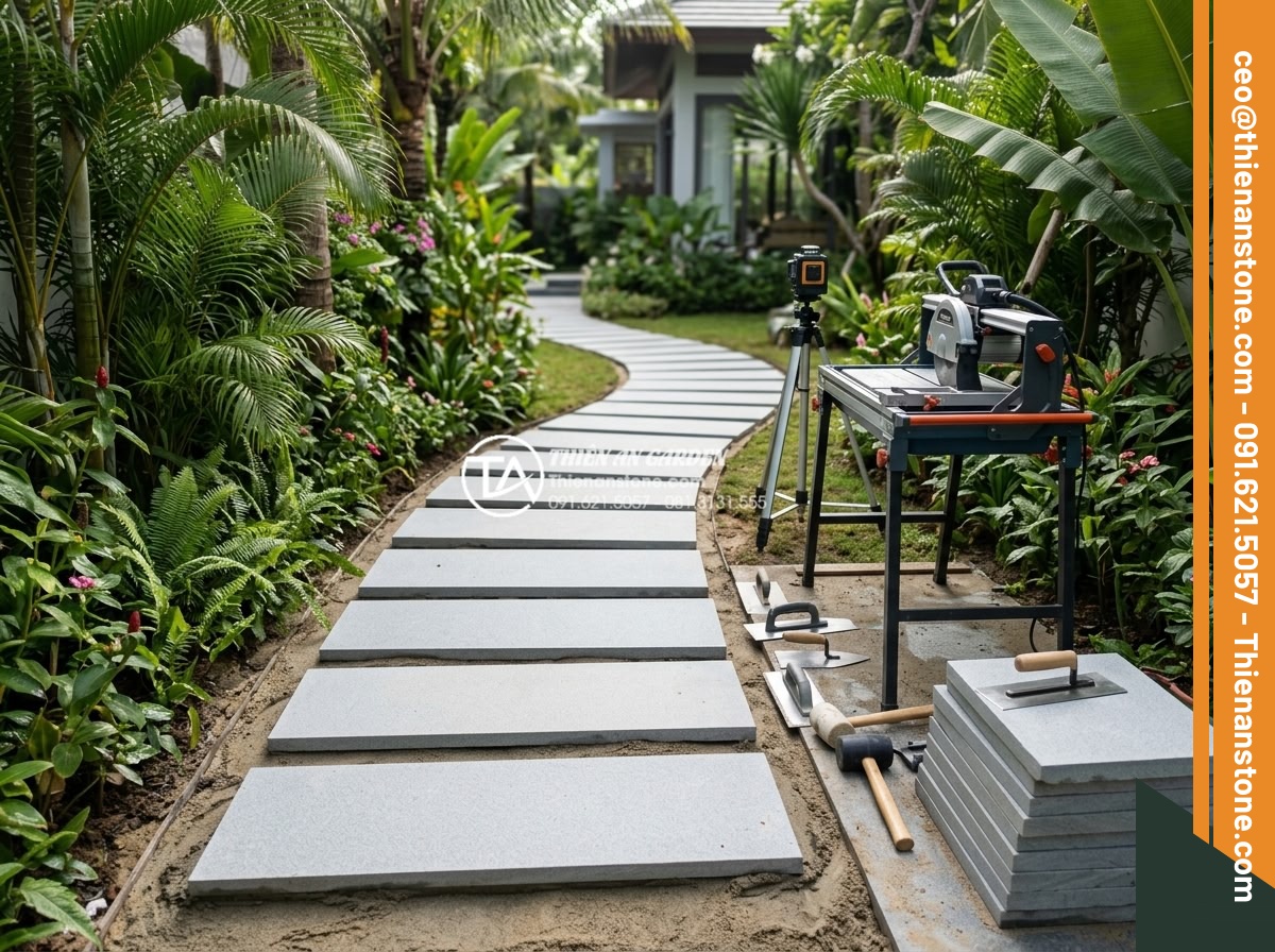 Đá bước dạo sa thạch: Lựa chọn màu sắc trang nhã cho lối đi - Hình 19 Đá bước dạo sa thạch: Lựa chọn màu sắc trang nhã cho lối đi - Professional team from Da Canh Thien An company installing high-quality sandston