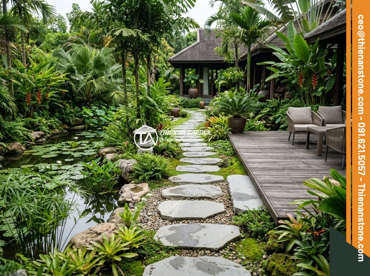 Đá bước dạo sa thạch: Lựa chọn màu sắc trang nhã cho lối đi - Hình 2 Đá bước dạo sa thạch: Lựa chọn màu sắc trang nhã cho lối đi - Wide angle view of a luxurious villa garden pathway made from natural sandstone