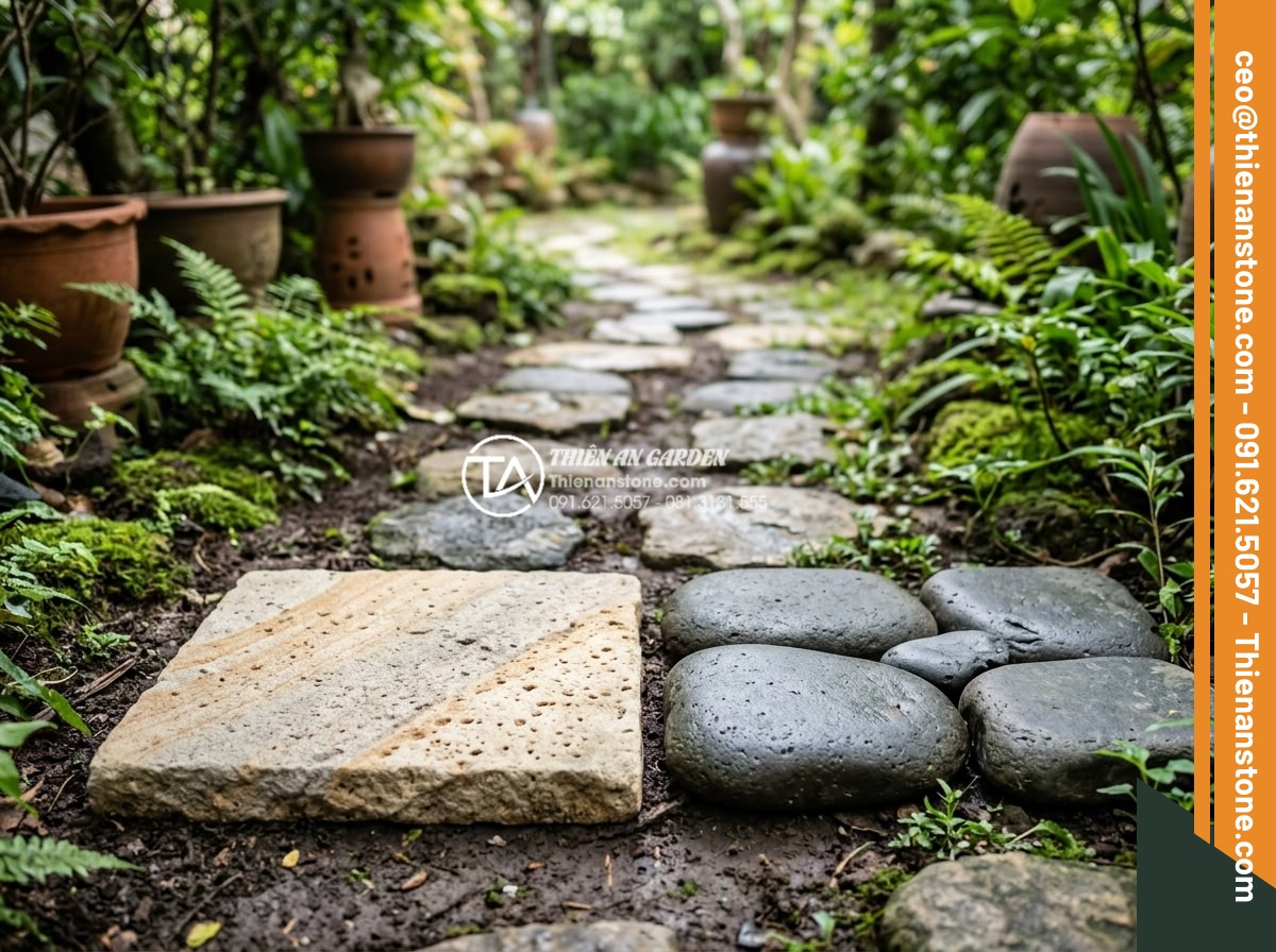 Đá bước dạo sa thạch: Lựa chọn màu sắc trang nhã cho lối đi - Hình 4 Đá bước dạo sa thạch: Lựa chọn màu sắc trang nhã cho lối đi - Comparison photo of sandstone stepping stones versus other stones, highlighting