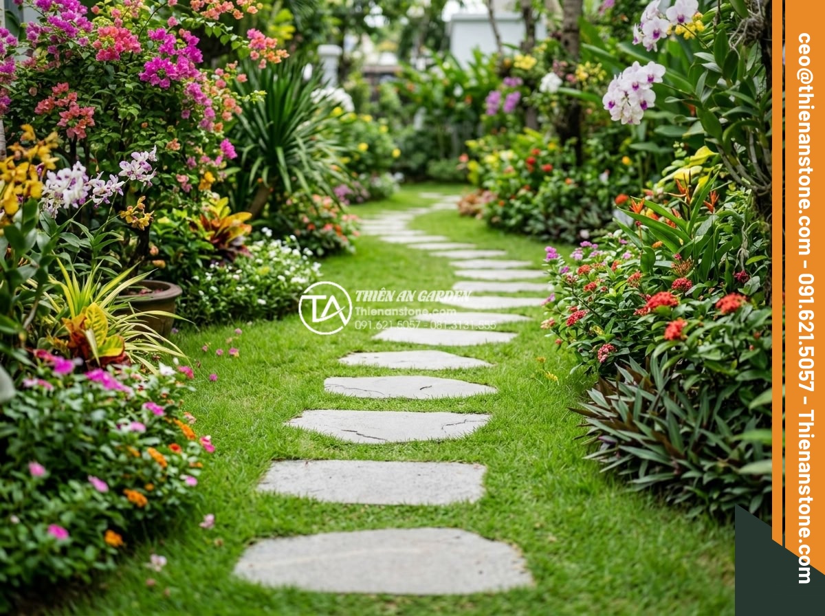 Đá bước dạo sa thạch: Lựa chọn màu sắc trang nhã cho lối đi - Hình 5 Đá bước dạo sa thạch: Lựa chọn màu sắc trang nhã cho lối đi - Beautiful garden pathway featuring light-colored sandstone stepping stones that