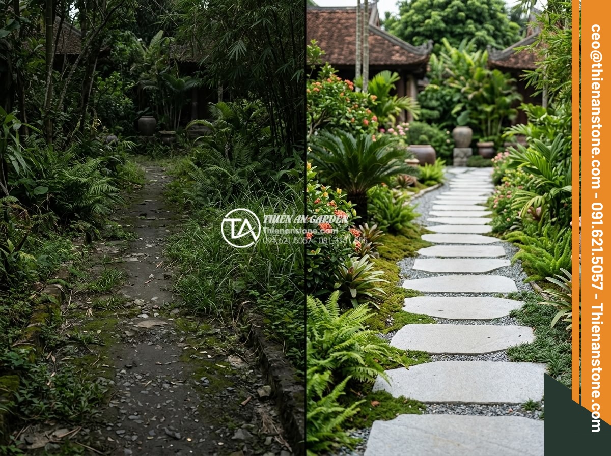 Đá bước dạo sa thạch: Lựa chọn màu sắc trang nhã cho lối đi - Hình 6 Đá bước dạo sa thạch: Lựa chọn màu sắc trang nhã cho lối đi - Before and after comparison showing how light sandstone stepping stones transfor