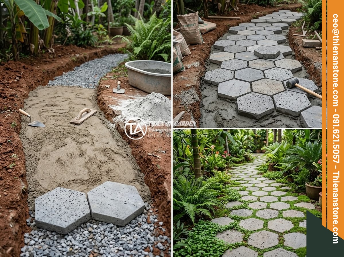 Đá bước dạo tổ ong: Vẻ đẹp mộc mạc và gần gũi cho sân vườn phố - Step-by-step construction process of honeycomb stepping stone pathway: workers p