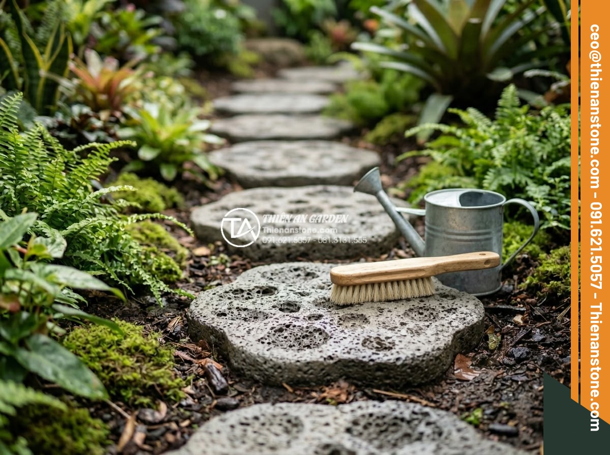 Đá bước dạo tổ ong: Vẻ đẹp mộc mạc và gần gũi cho sân vườn phố - Gardener gently cleaning honeycomb stepping stones with soft brush and water, sh