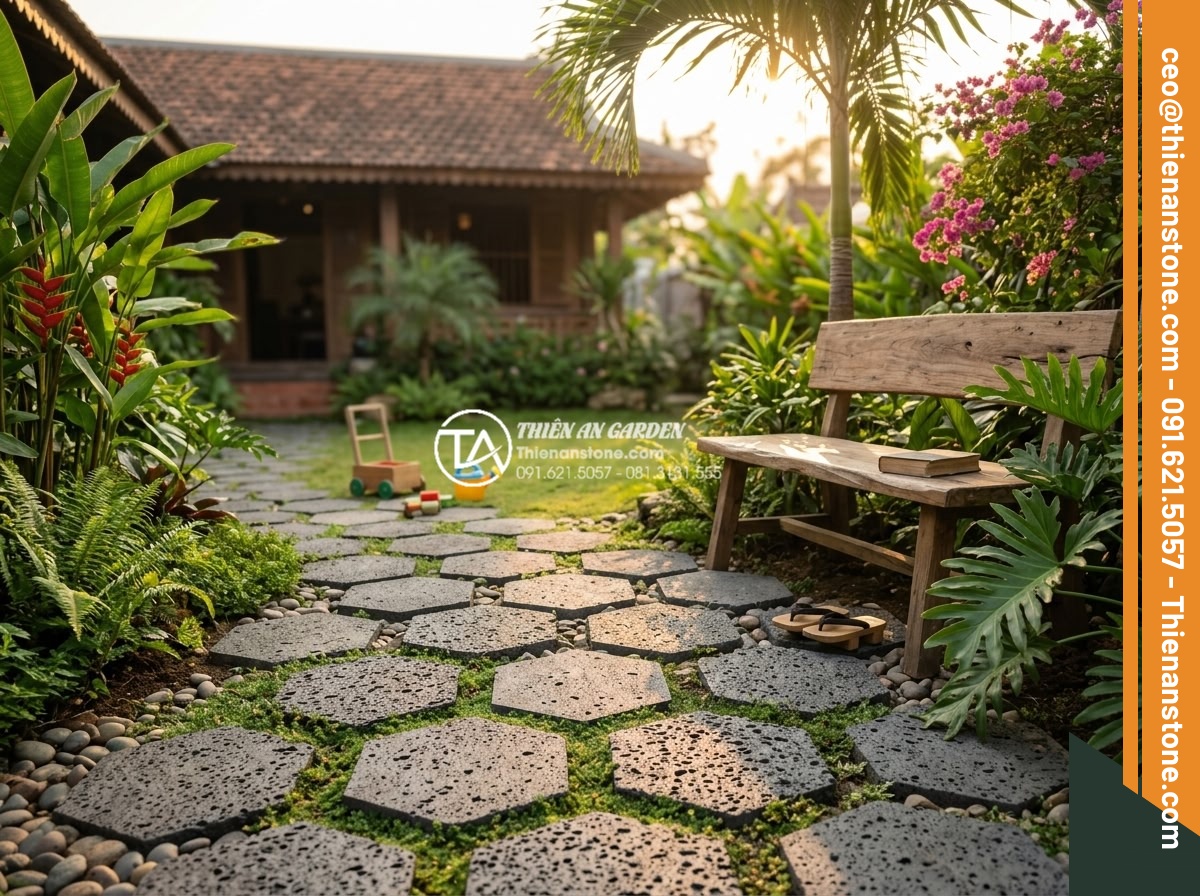 Đá bước dạo tổ ong: Vẻ đẹp mộc mạc và gần gũi cho sân vườn phố - Happy Vietnamese family enjoying their newly completed garden with beautiful hon