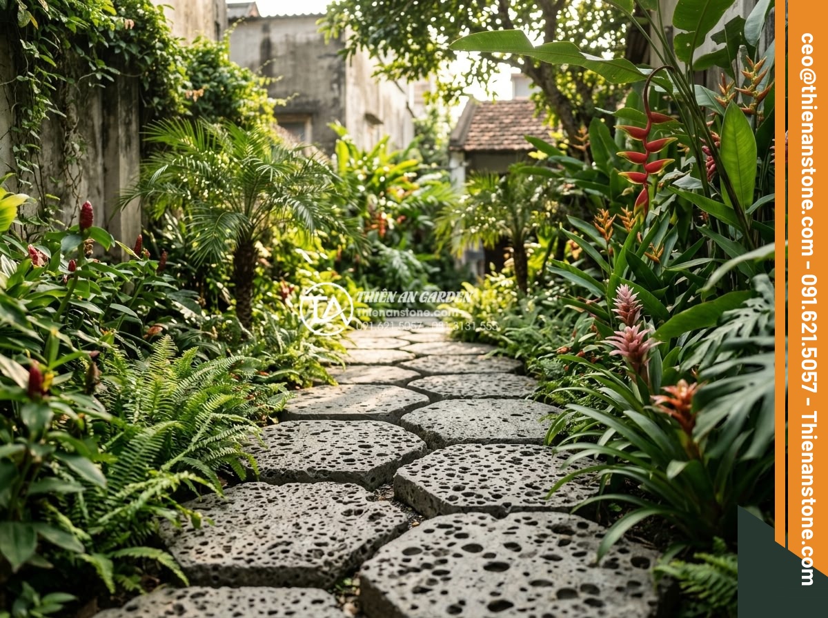 Đá bước dạo tổ ong: Vẻ đẹp mộc mạc và gần gũi cho sân vườn phố - Natural honeycomb stepping stones arranged in a gentle curve through a tropical 