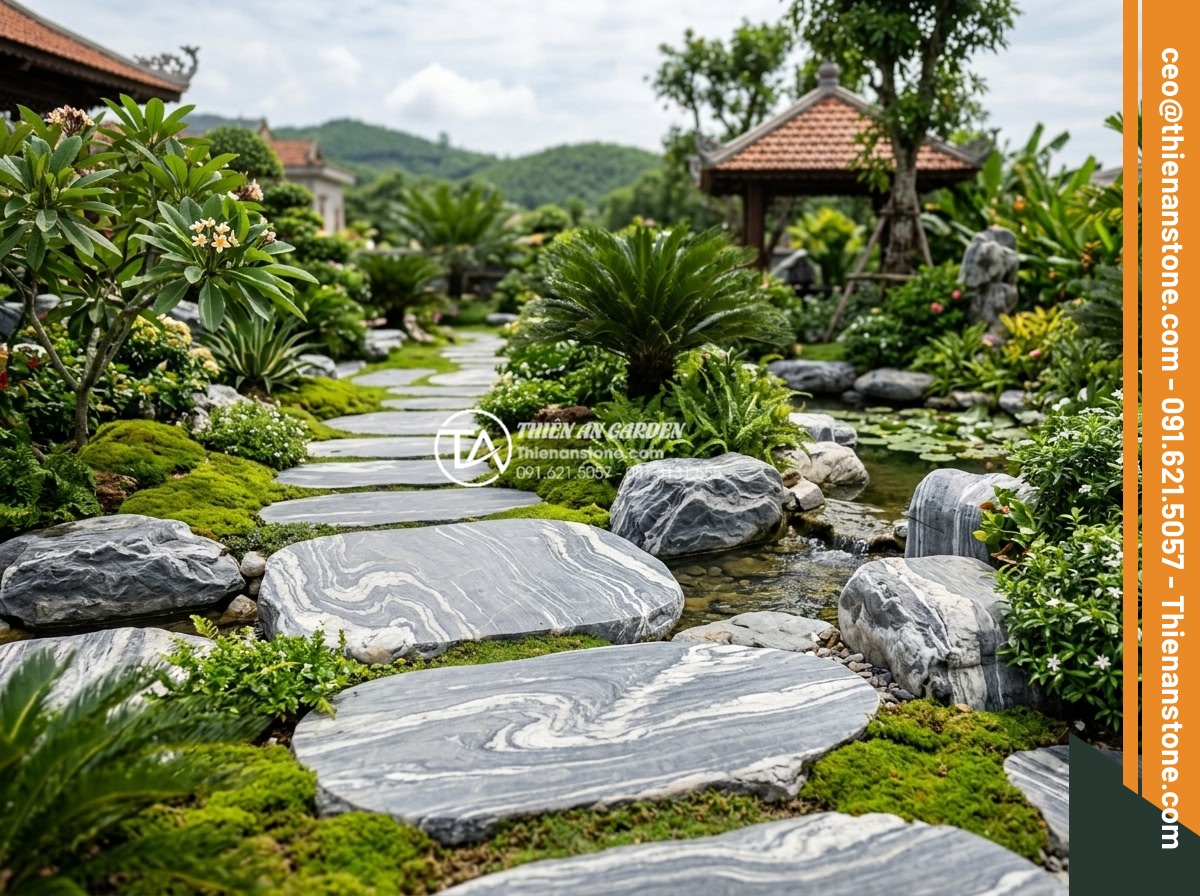 Đá bước dạo tự nhiên: Tại sao là lựa chọn số 1 cho cảnh quan bền vững? - Completed luxury landscape project by Da Canh Thien An featuring beautiful natur