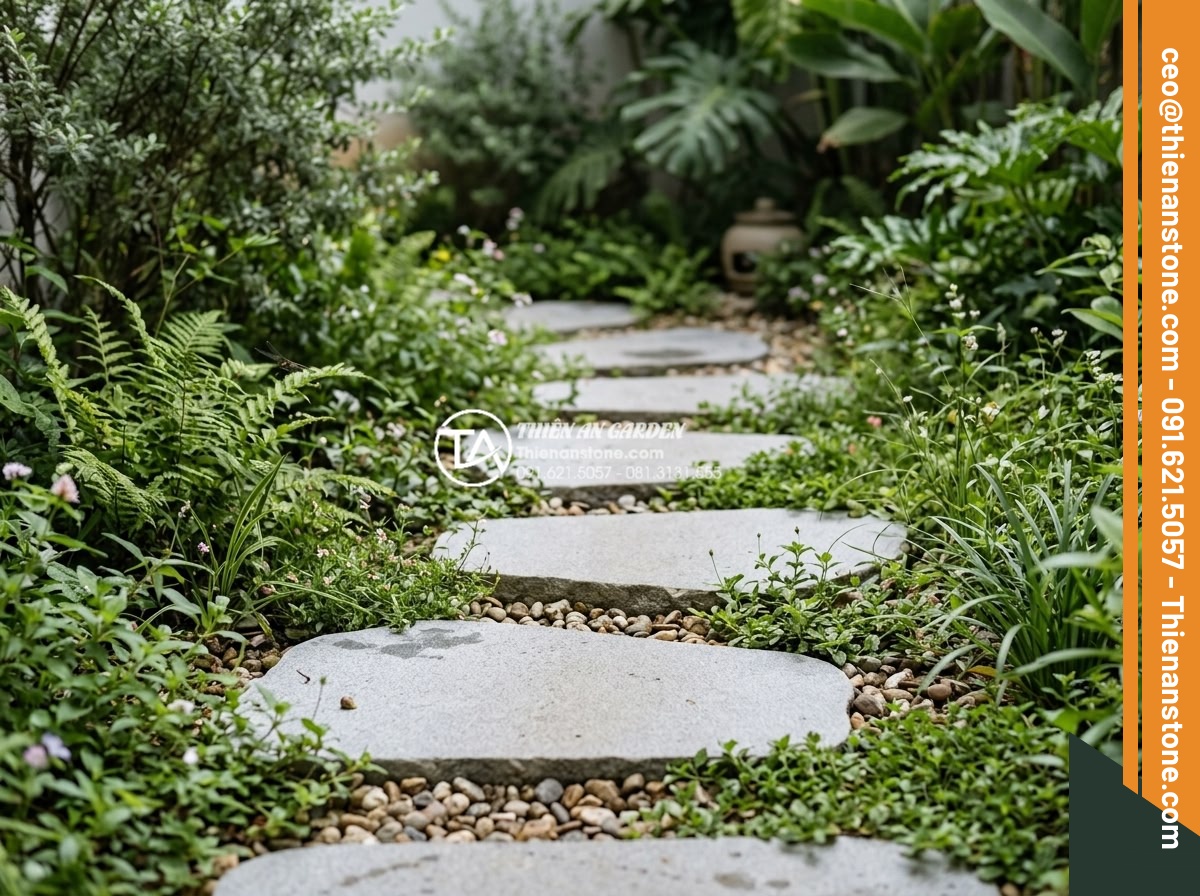 Đá bước dạo tự nhiên: Tại sao là lựa chọn số 1 cho cảnh quan bền vững? - Eco-friendly natural stepping stone path in a modern sustainable garden showing 
