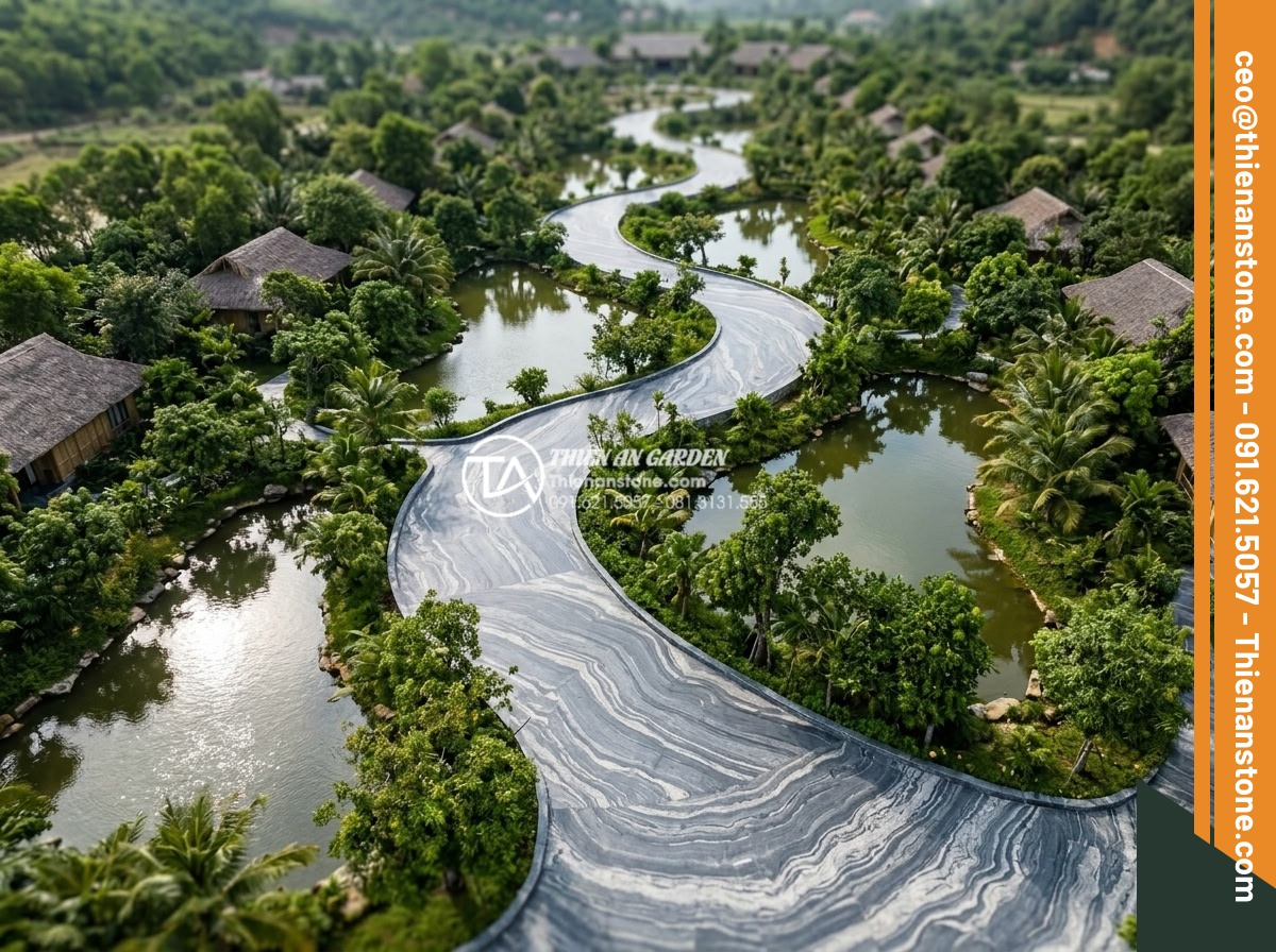 Đá bước dạo tự nhiên: Tại sao là lựa chọn số 1 cho cảnh quan bền vững? - Aerial perspective of a large scale natural stone pathway in an eco-resort lands