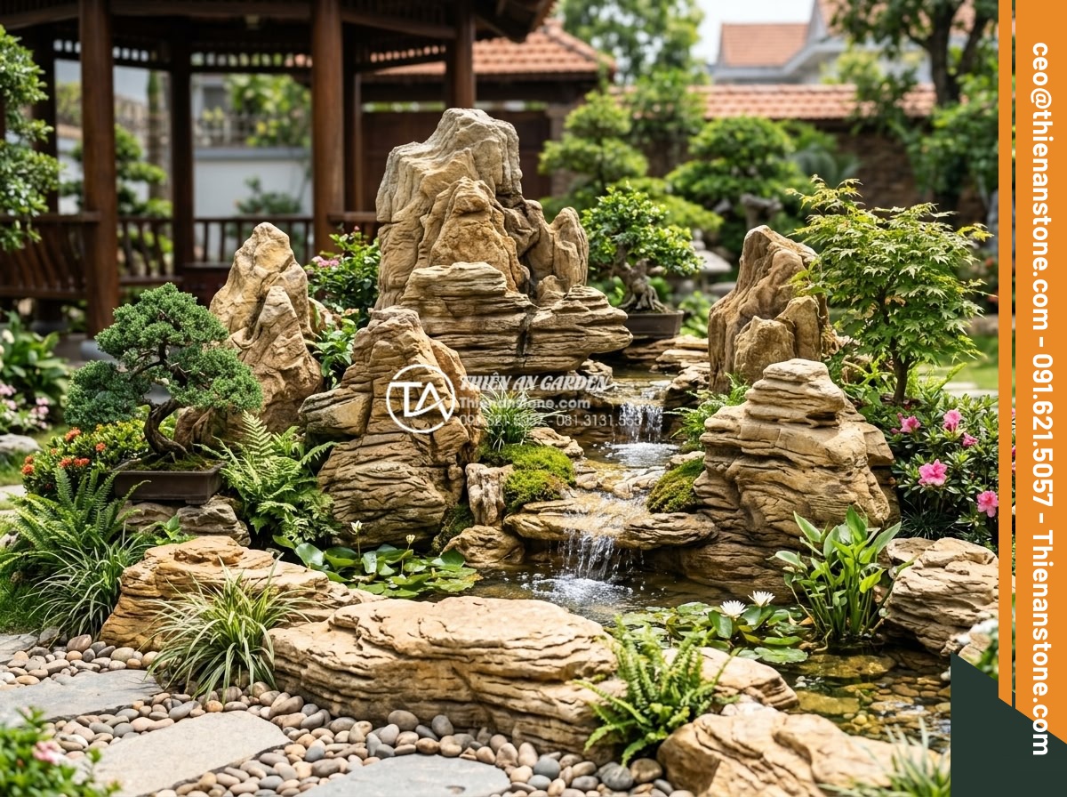 Đá cổ thạch giá bao nhiêu 1 tấn? Cập nhật bảng giá mới nhất 2026 - Completed miniature mountain rockery made from ancient layered stones in a priva
