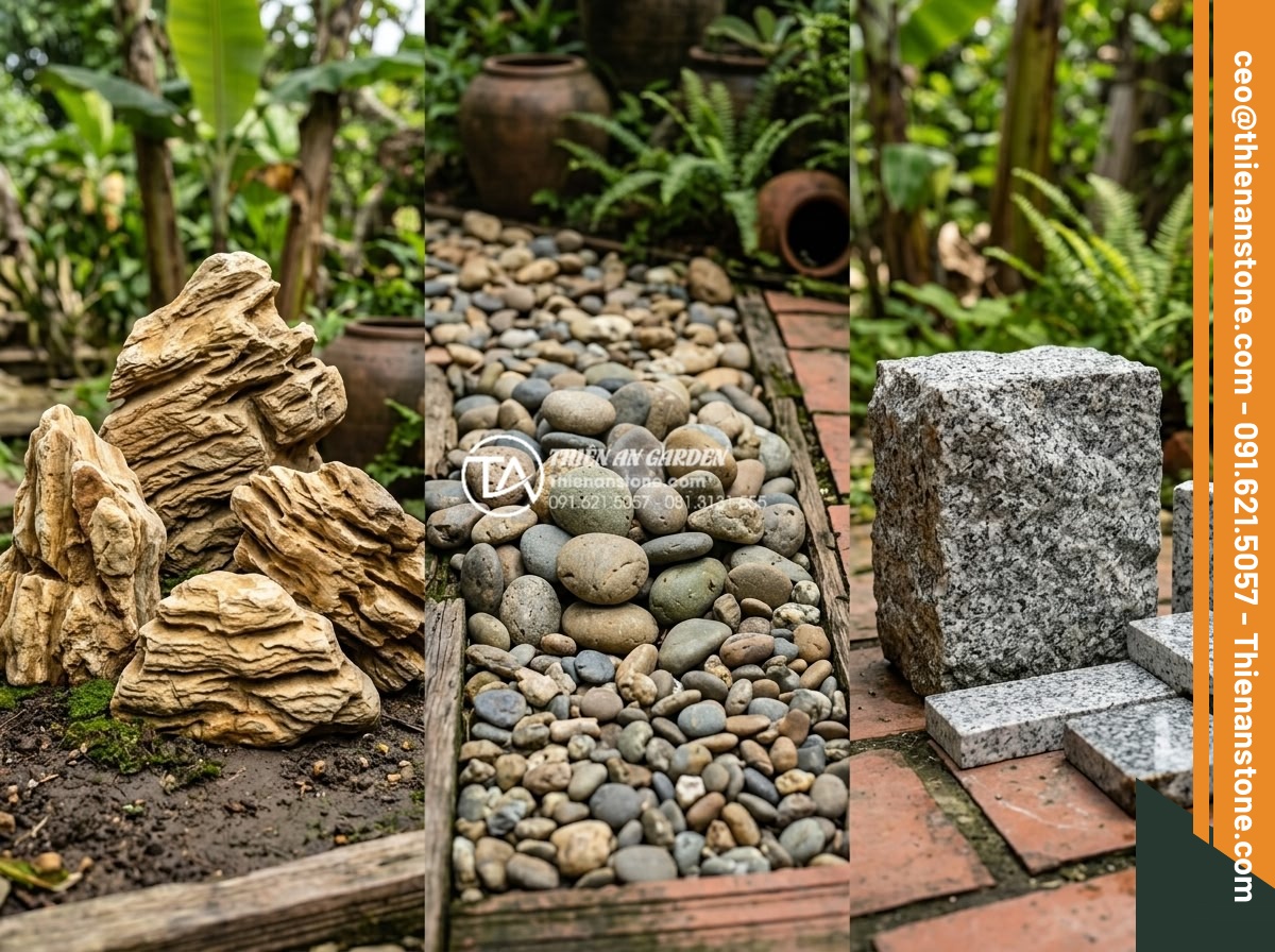 Đá cổ thạch giá bao nhiêu 1 tấn? Cập nhật bảng giá mới nhất 2026 - Side-by-side comparison of ancient layered stone versus river pebble stones and 