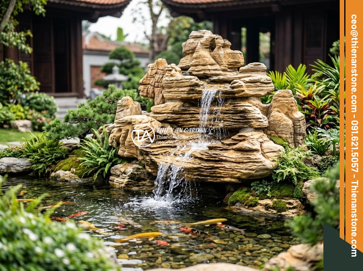 Đá cổ thạch giá bao nhiêu 1 tấn? Cập nhật bảng giá mới nhất 2026 - Artistic arrangement of ancient layered stones forming a miniature mountain and 
