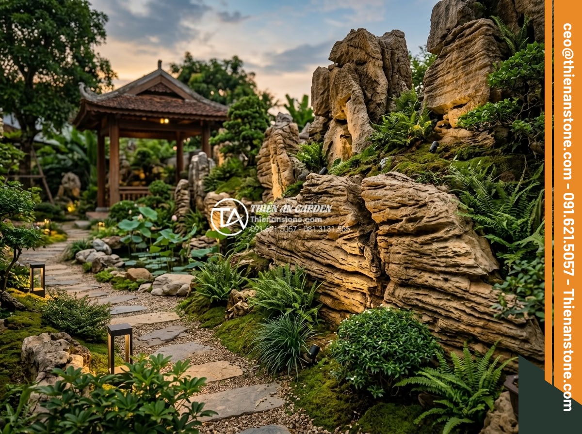 Đá cổ thạch giá bao nhiêu 1 tấn? Cập nhật bảng giá mới nhất 2026 - Detailed landscape design featuring ancient stone sculptures and rock formations