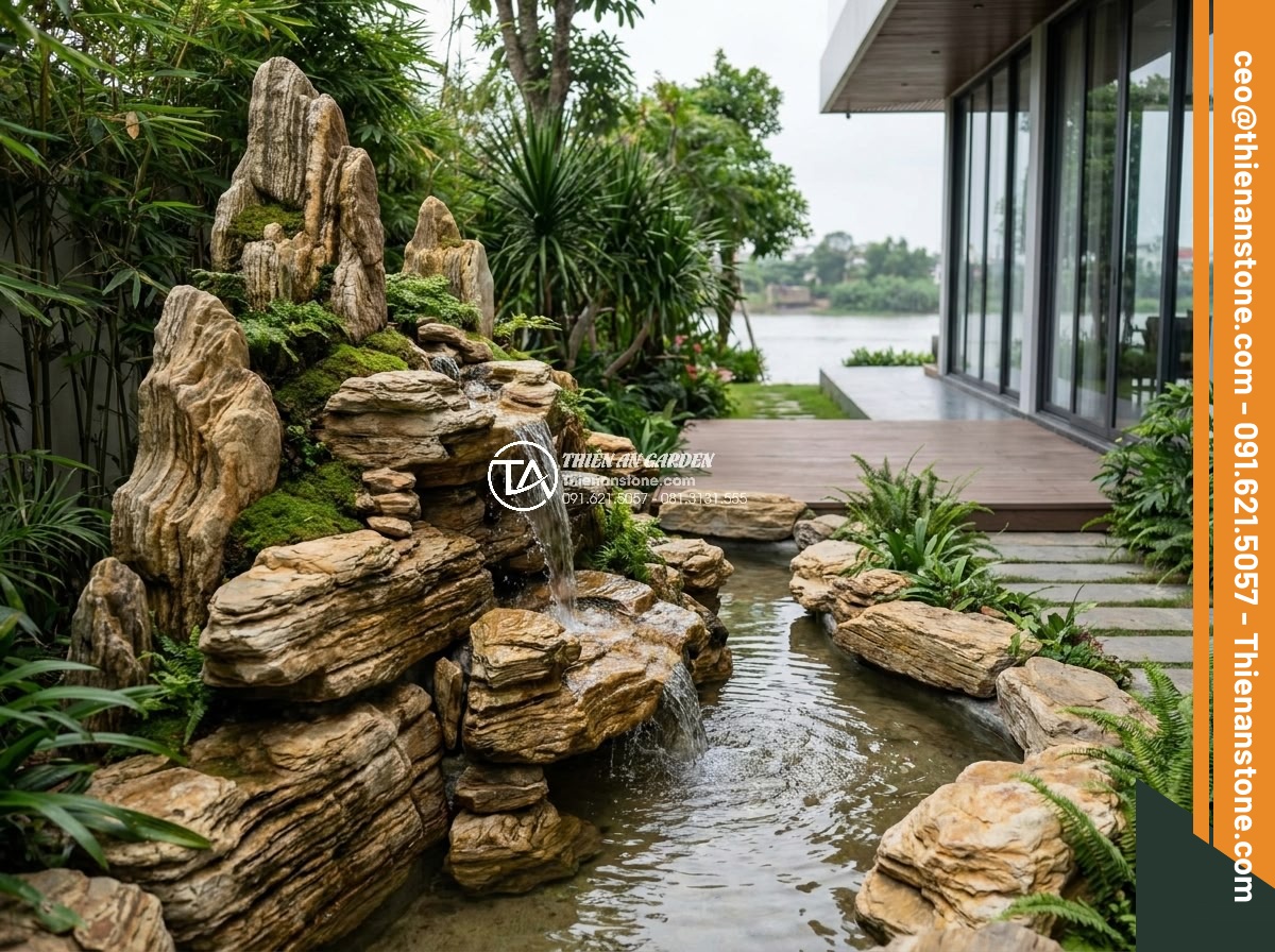 Đá cổ thạch hợp mệnh gì? Tư vấn chọn màu đá theo phong thủy - Modern waterfront villa garden with ancient blue stones and cascading water feat