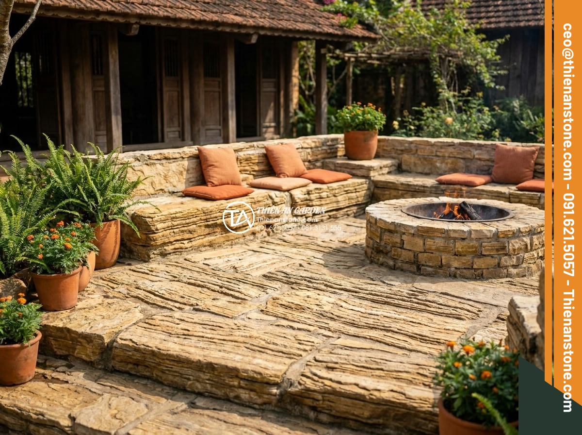 Đá cổ thạch hợp mệnh gì? Tư vấn chọn màu đá theo phong thủy - Warm reddish-brown ancient stones in a Fire element patio setting with subtle or