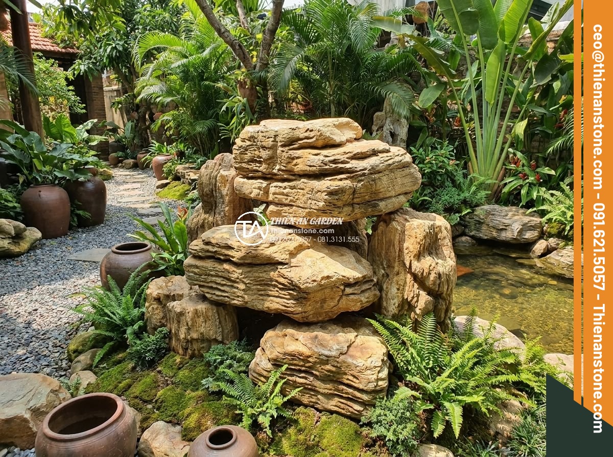 Đá cổ thạch hợp mệnh gì? Tư vấn chọn màu đá theo phong thủy - Golden yellow ancient stones forming a stable central feature in an Earth elemen