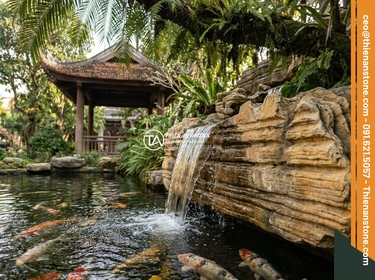 Đá cổ thạch hợp mệnh gì? Tư vấn chọn màu đá theo phong thủy - Stunning koi pond with ancient stone waterfall integrated into a luxurious Vietn