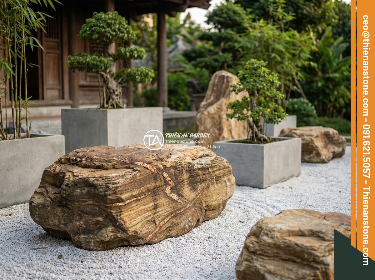 Đá cổ thạch hợp mệnh gì? Tư vấn chọn màu đá theo phong thủy - Gray ancient stones with metallic veins arranged in a Feng Shui garden for Metal