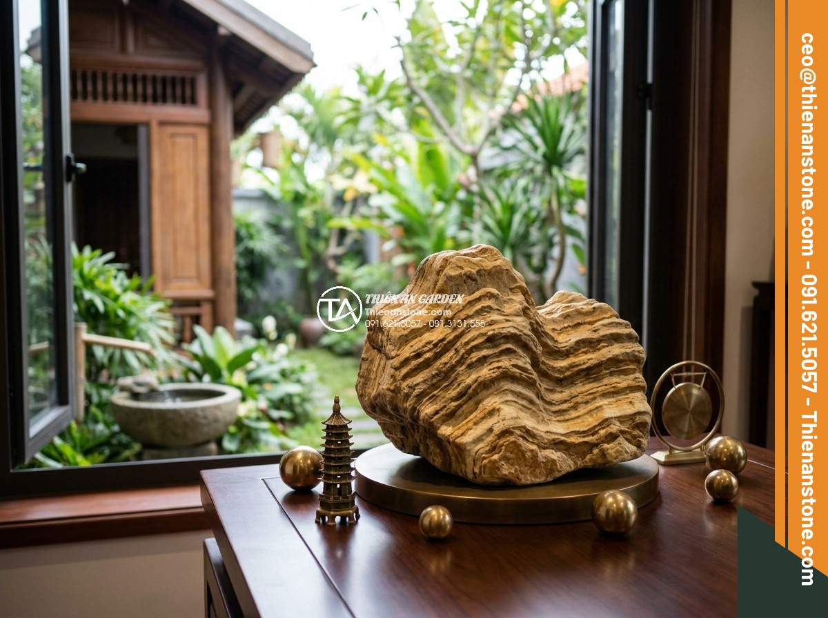 Đá cổ thạch hợp mệnh gì? Tư vấn chọn màu đá theo phong thủy - Luxurious metal-element Feng Shui stone setup in an executive home office overlo
