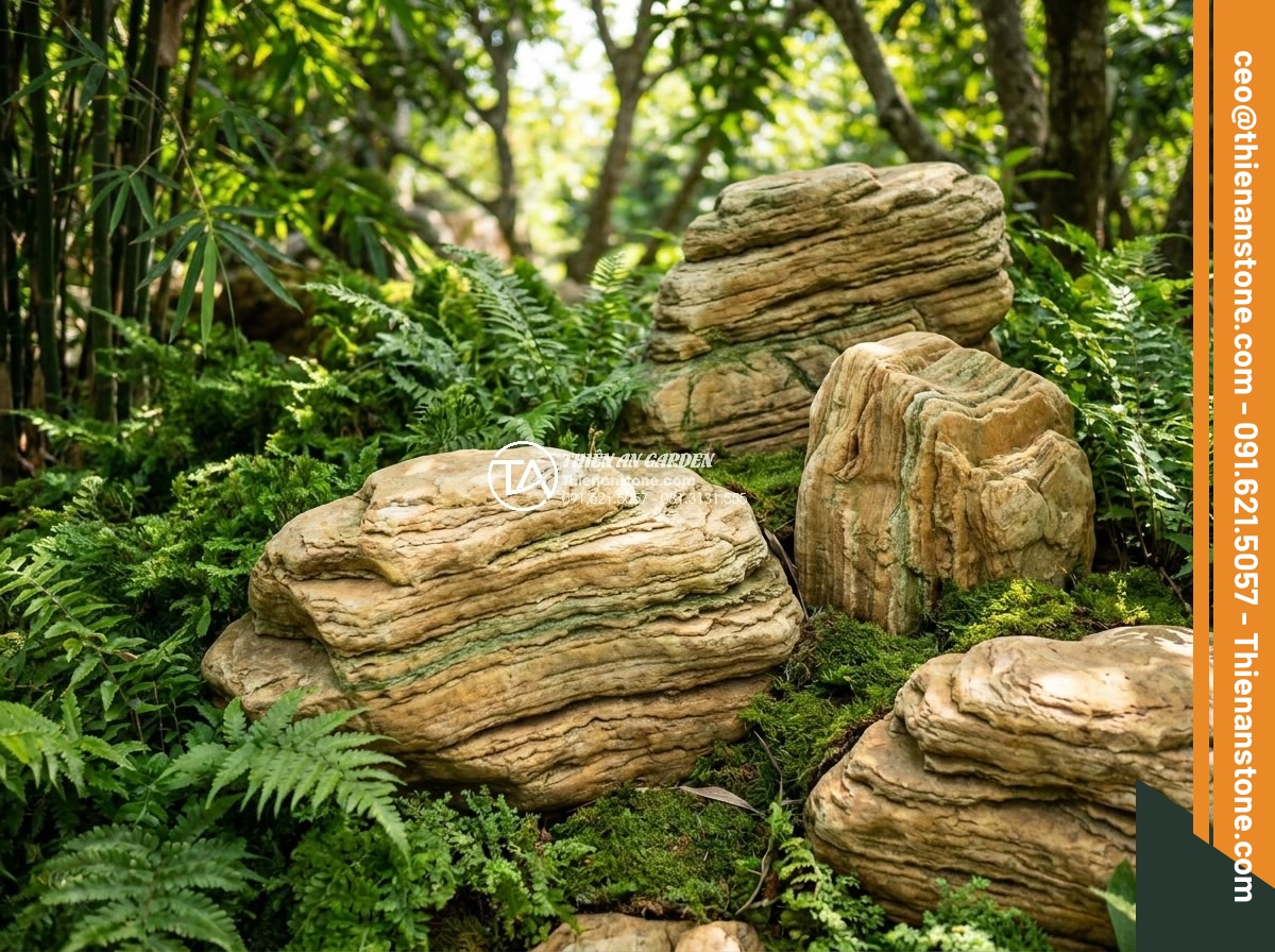 Đá cổ thạch hợp mệnh gì? Tư vấn chọn màu đá theo phong thủy - Vibrant green-veined ancient stones positioned among lush plants and trees in a 
