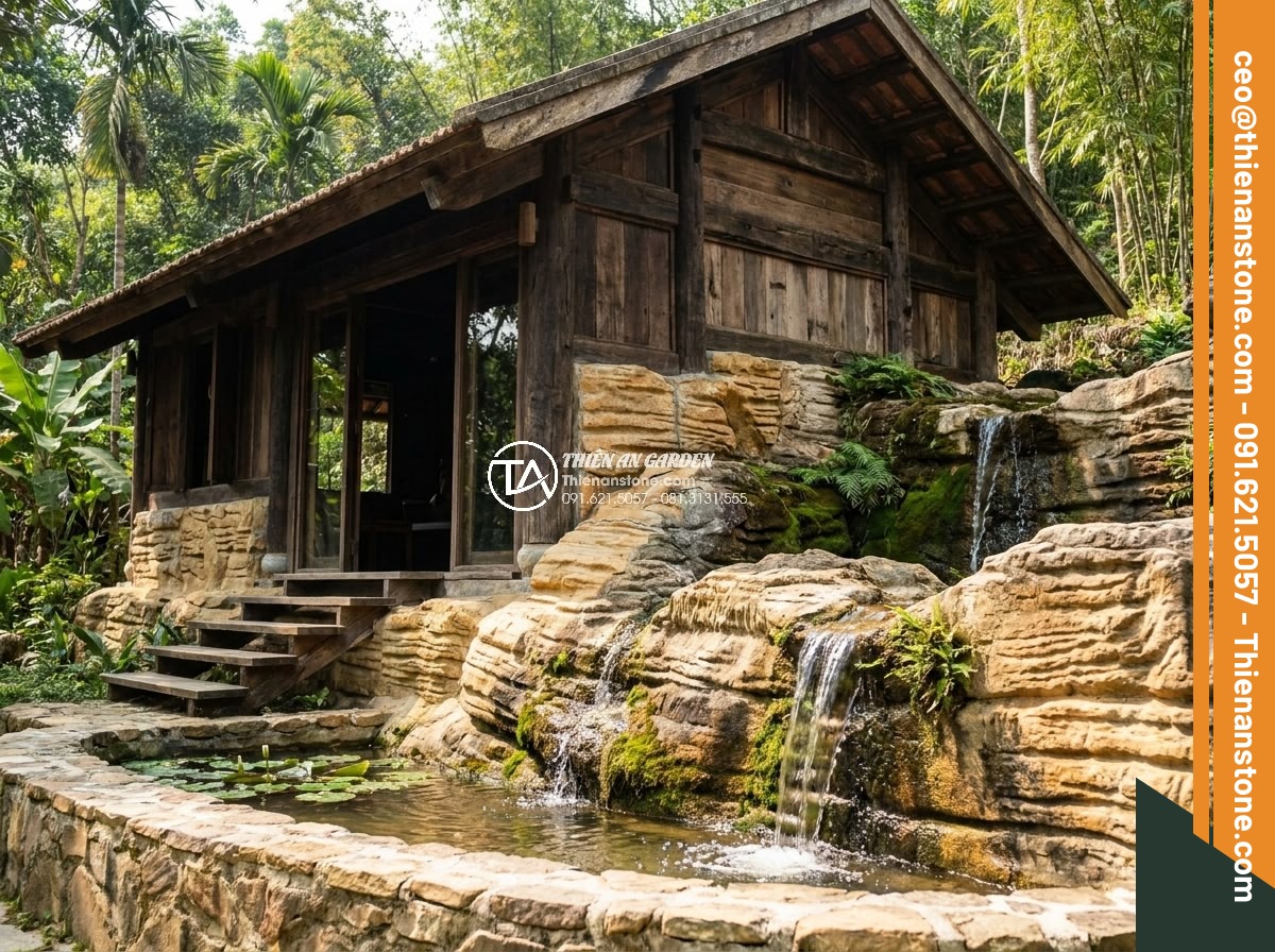 Đá cổ thạch hợp mệnh gì? Tư vấn chọn màu đá theo phong thủy - Creative studio exterior featuring ancient green stones integrated with natural 