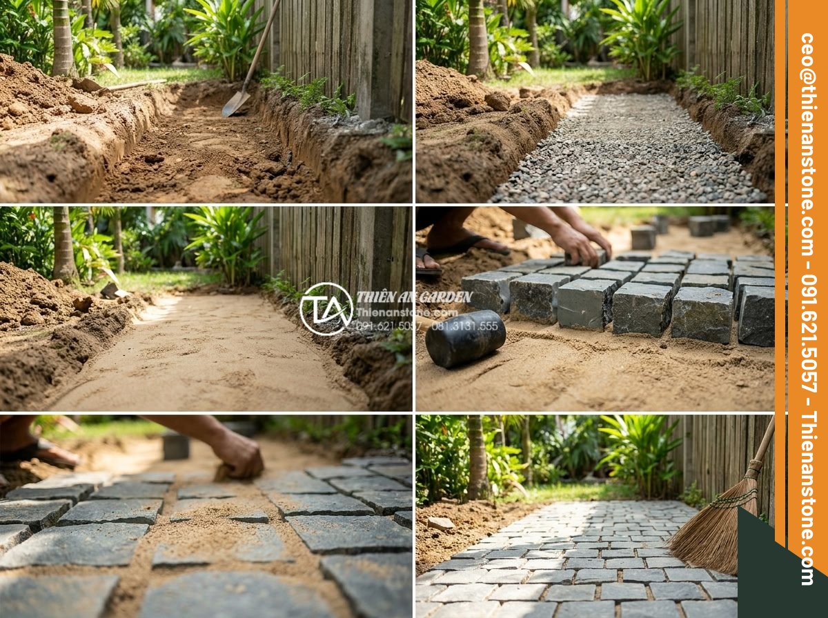 Đá cubic 10x10x5cm vs 10x10x8cm: Khi nào nên chọn độ dày lớn? - Step-by-step construction photography showing professional team installing 10x10