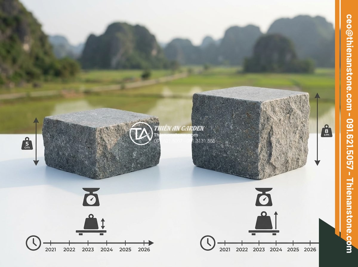 Đá cubic 10x10x5cm vs 10x10x8cm: Khi nào nên chọn độ dày lớn? - Side-by-side comparison infographic style image of 10x10x5cm versus 10x10x8cm cu