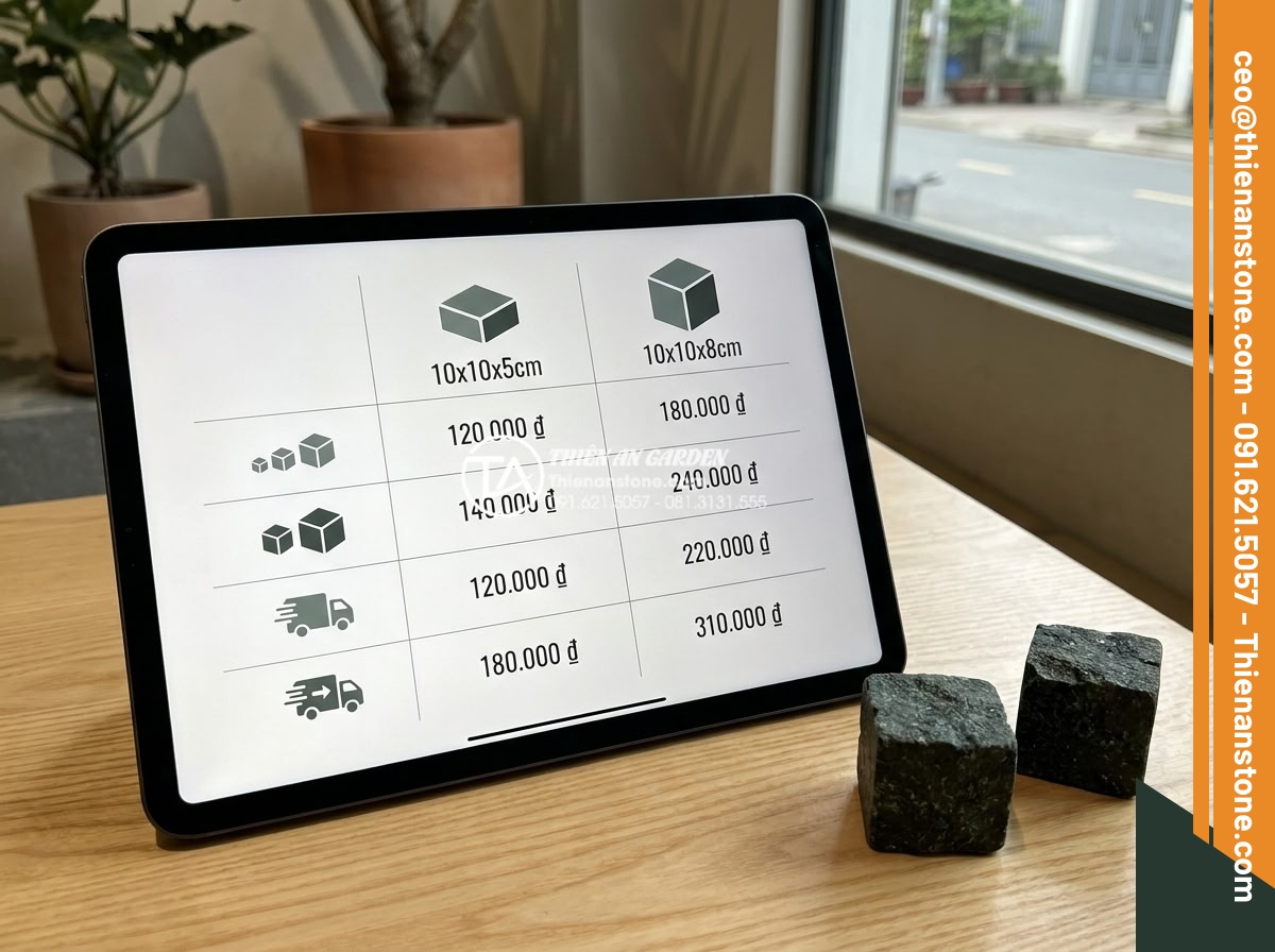 Đá cubic 10x10x5cm vs 10x10x8cm: Khi nào nên chọn độ dày lớn? - Clean professional price comparison chart graphic showing 2026 market prices for