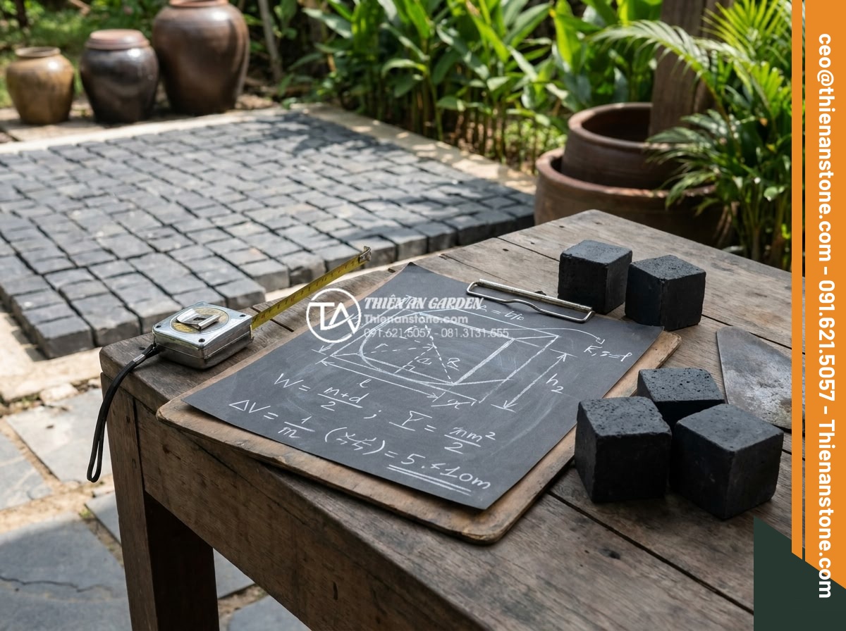 Đá cubic bazan đen: Lựa chọn tối ưu cho lối đi ô tô và khu vực chịu lực lớn - Hình 11 Đá cubic bazan đen: Lựa chọn tối ưu cho lối đi ô tô và khu vực chịu lực lớn - Technical diagram illustrating calculation of cubic basalt stones per square met
