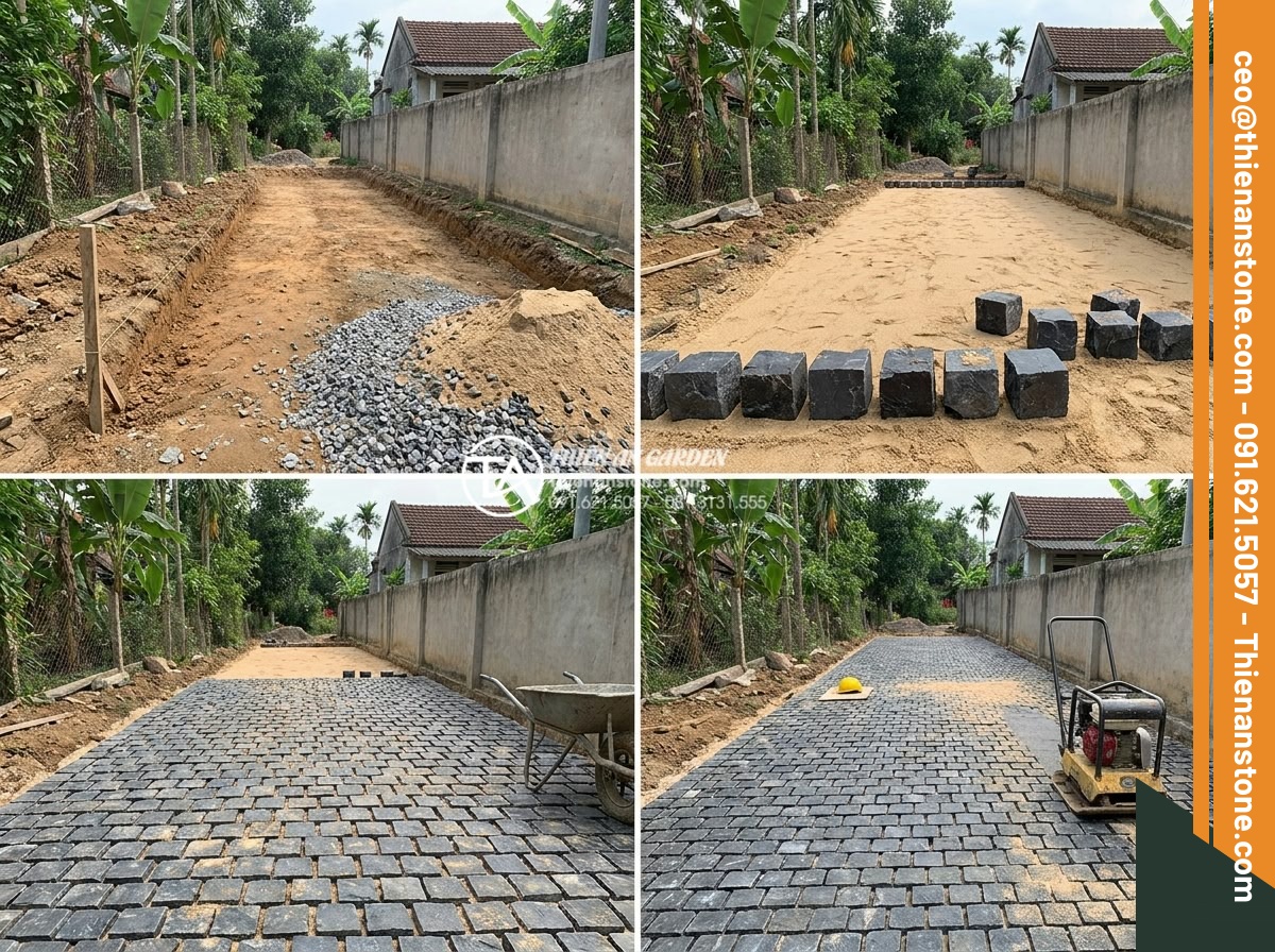 Đá cubic bazan đen: Lựa chọn tối ưu cho lối đi ô tô và khu vực chịu lực lớn - Hình 13 Đá cubic bazan đen: Lựa chọn tối ưu cho lối đi ô tô và khu vực chịu lực lớn - Step-by-step construction process photos of laying black basalt cubic stones for