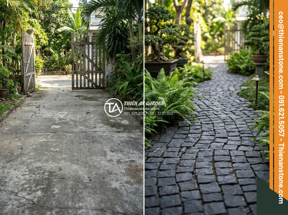 Đá cubic bazan đen: Lựa chọn tối ưu cho lối đi ô tô và khu vực chịu lực lớn - Hình 15 Đá cubic bazan đen: Lựa chọn tối ưu cho lối đi ô tô và khu vực chịu lực lớn - Before and after transformation of a plain concrete driveway into elegant black
